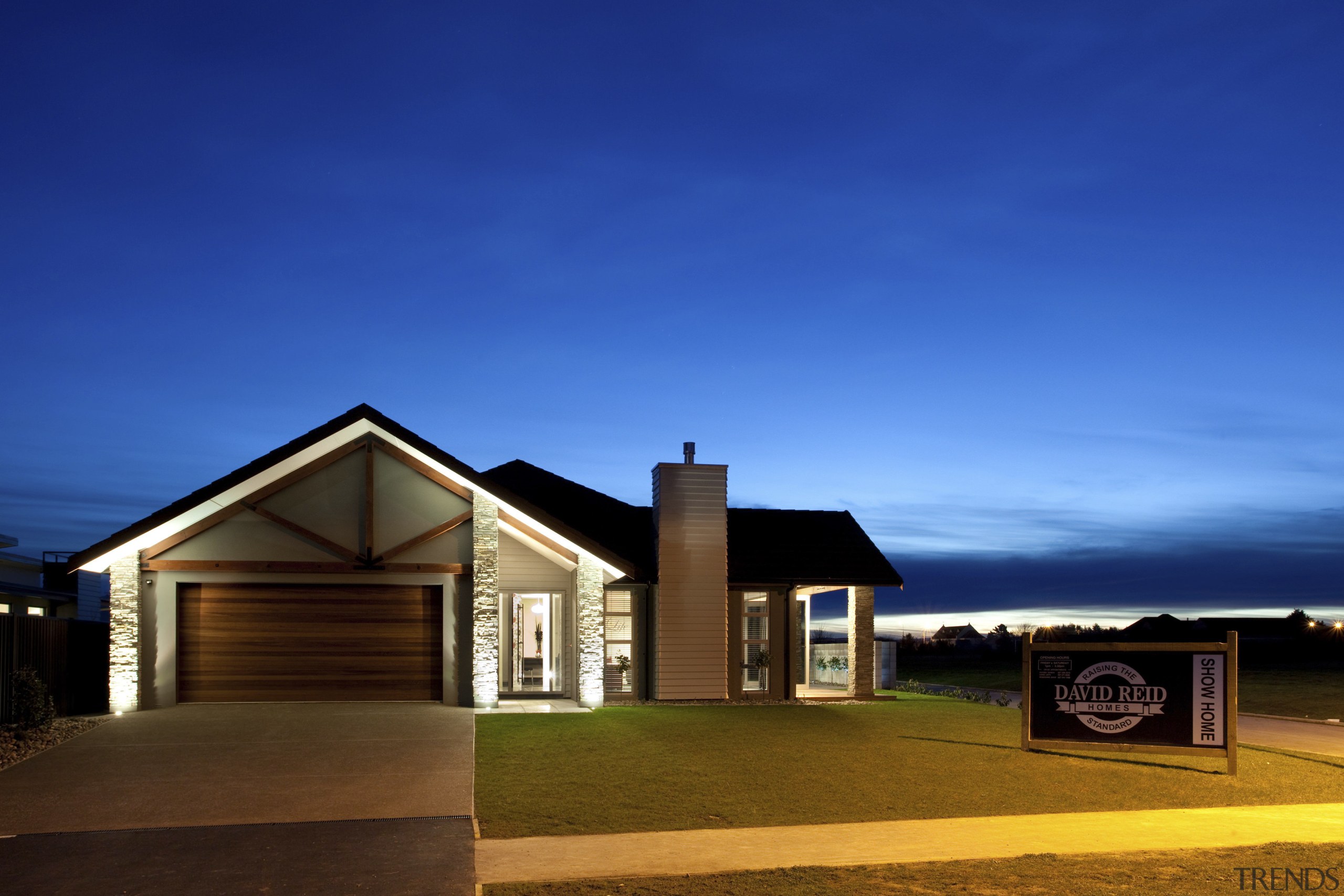 Exterior view of a David Reid Homes show architecture, cloud, cottage, estate, evening, facade, home, house, property, real estate, residential area, sky, blue