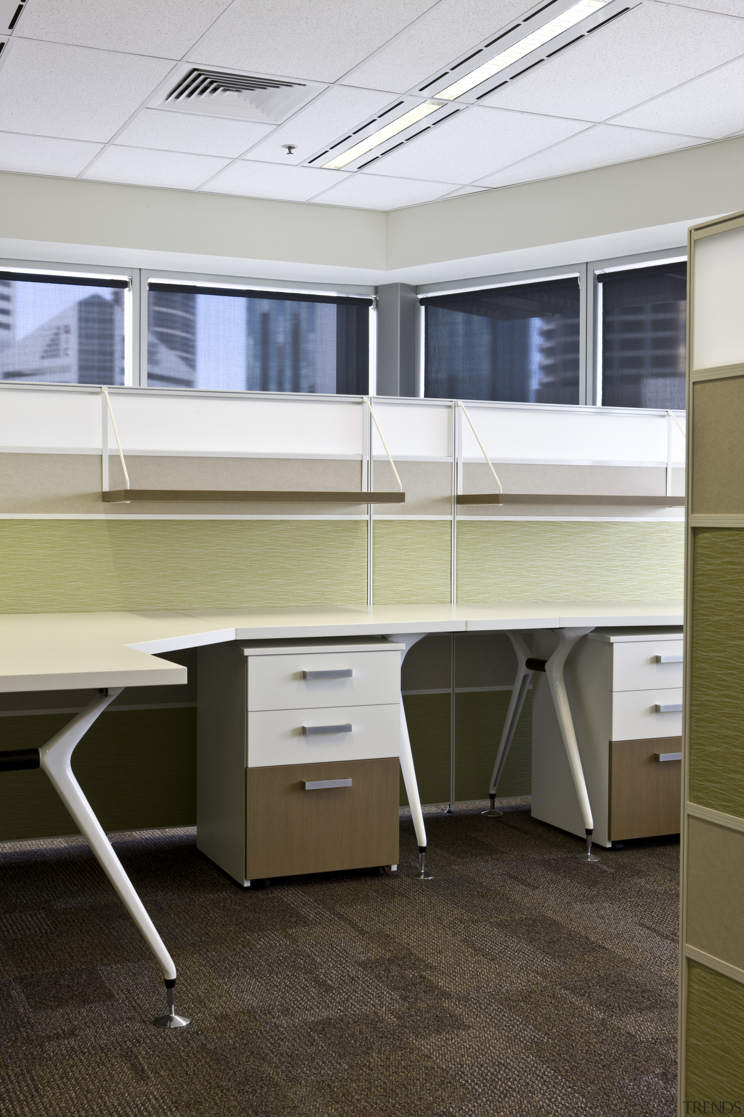 Interior view of an office which includes office desk, furniture, office, product design, table, brown, gray