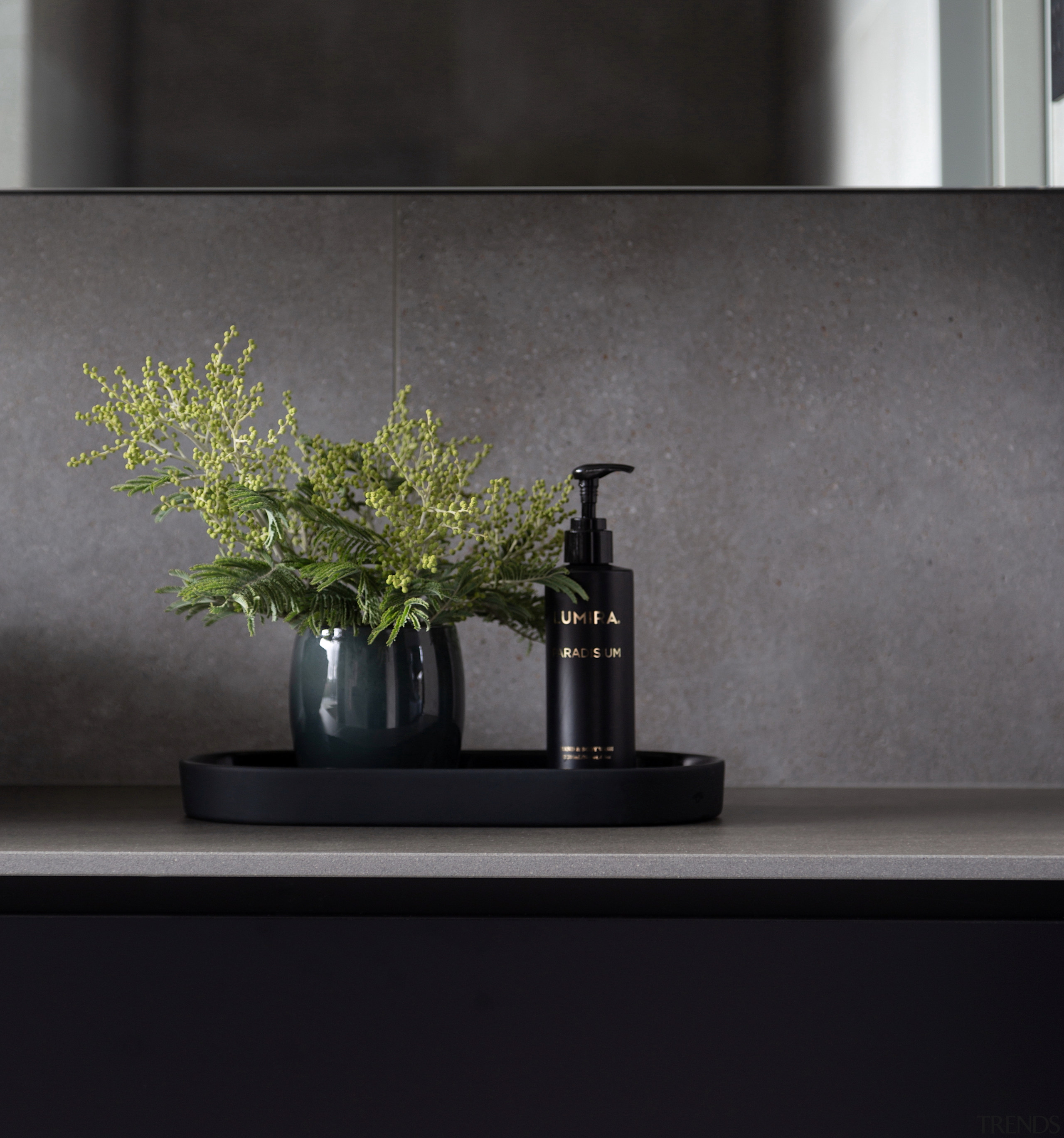 Black accessories were chosen to match the bathroom's 