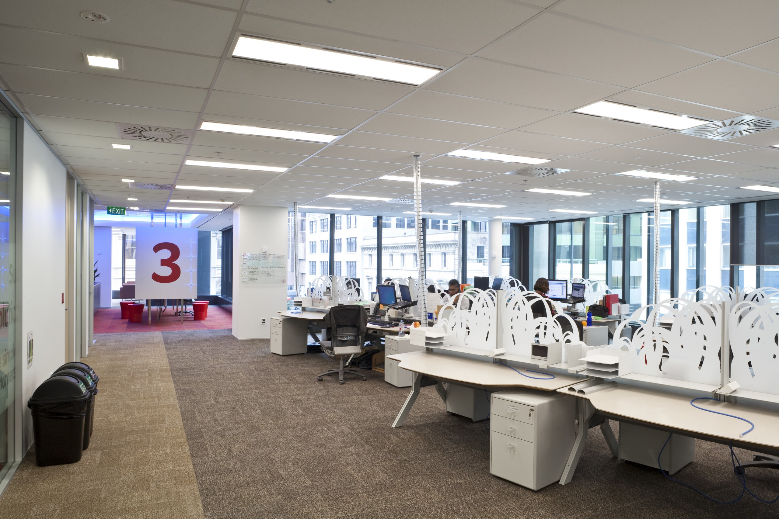 View of office workstations featuring office furnishings, carpet ceiling, conference hall, institution, interior design, office, gray
