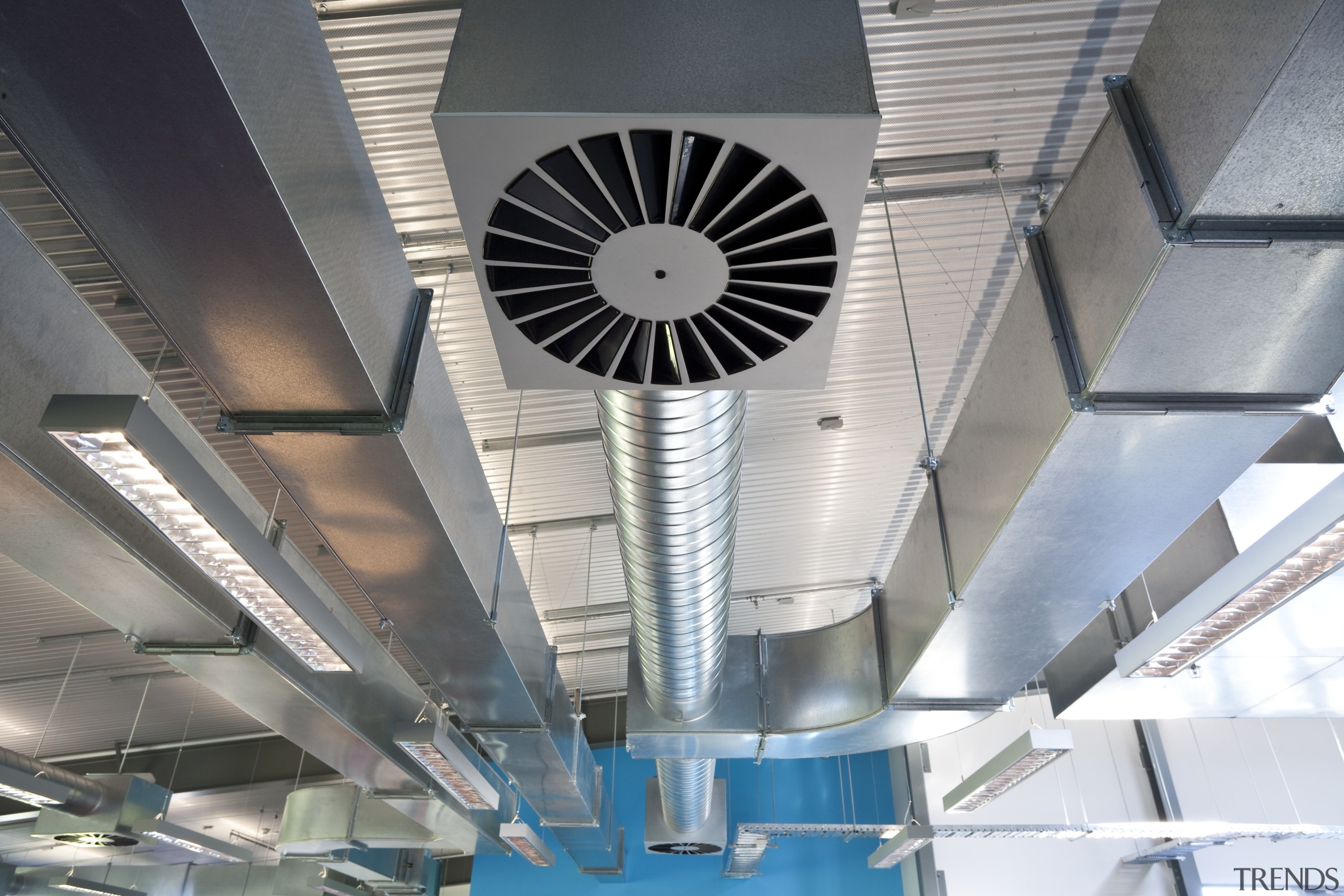 Close-up view of the vent fan - Close-up architecture, ceiling, daylighting, structure, gray