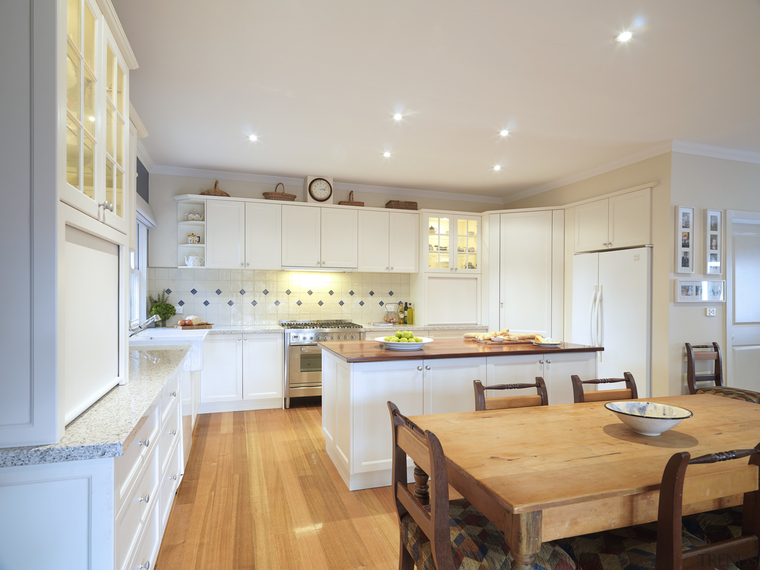 The owner's antique furniture, which includes a pine cabinetry, ceiling, countertop, cuisine classique, floor, flooring, hardwood, interior design, kitchen, property, real estate, room, wood flooring, gray