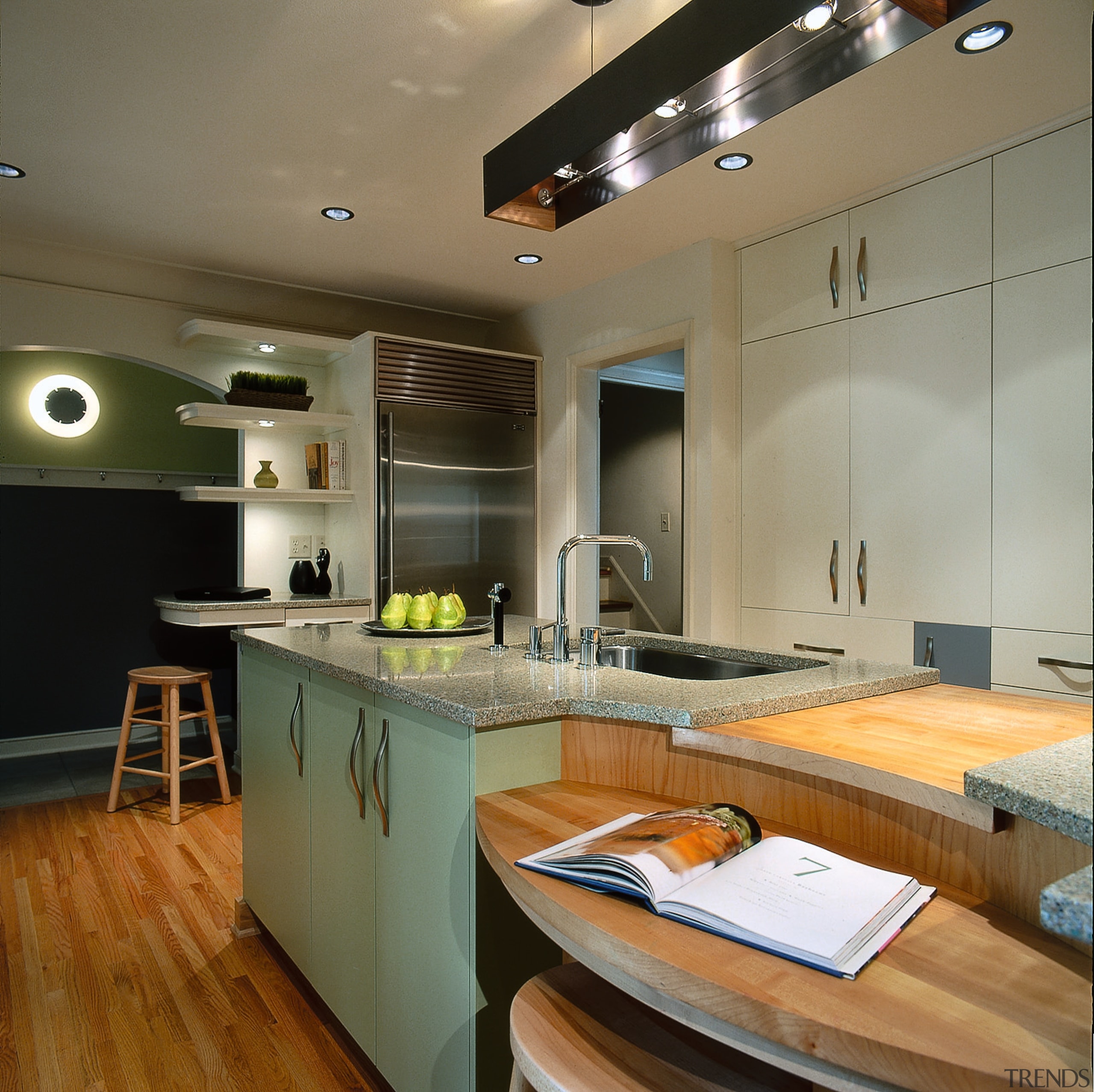 Kitchen with storage options. From the back (left), ceiling, countertop, interior design, kitchen, room, brown