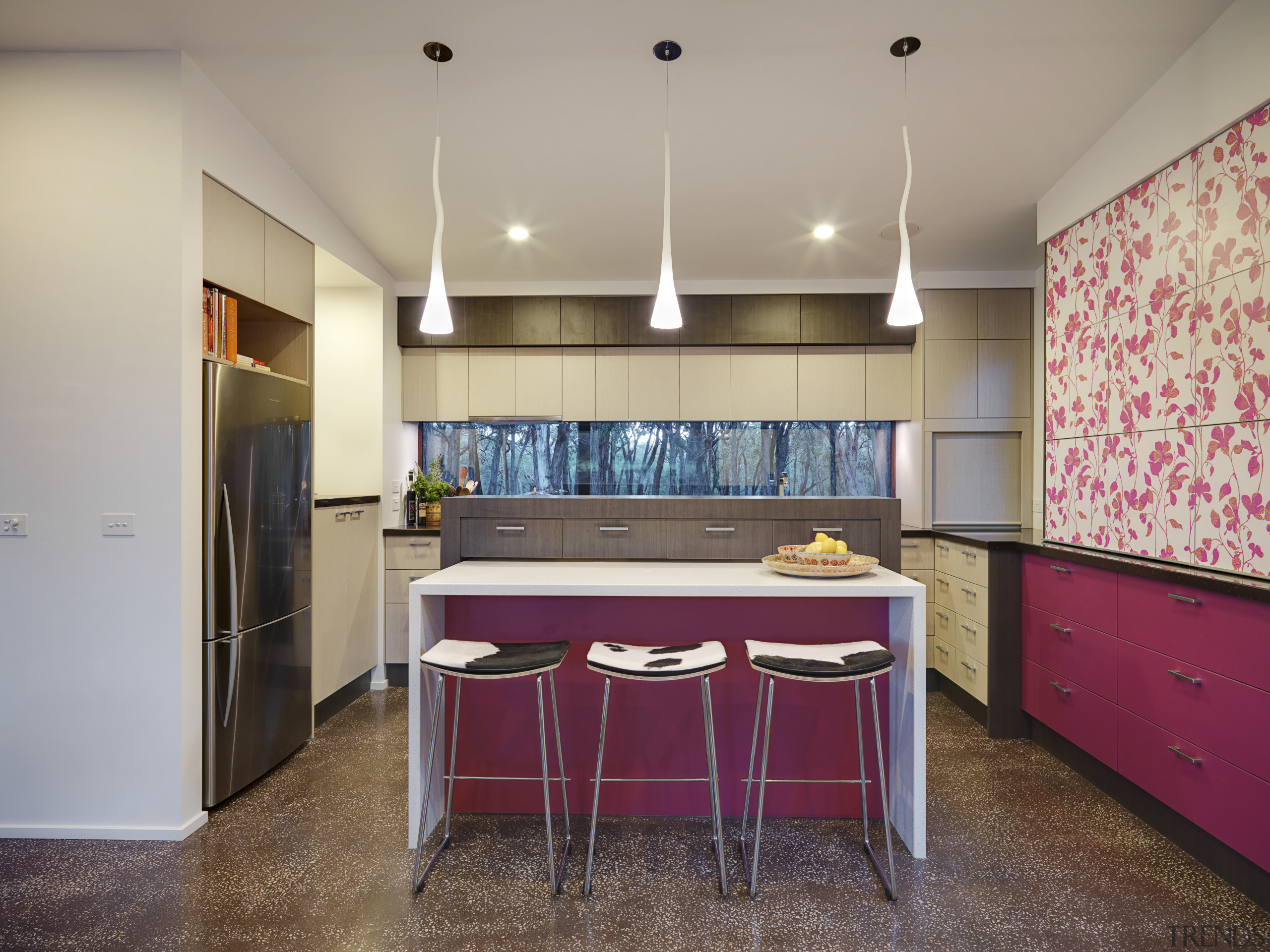 This extension, set on a 20ha rural property, cabinetry, ceiling, countertop, dining room, floor, flooring, interior design, kitchen, real estate, room, table, gray