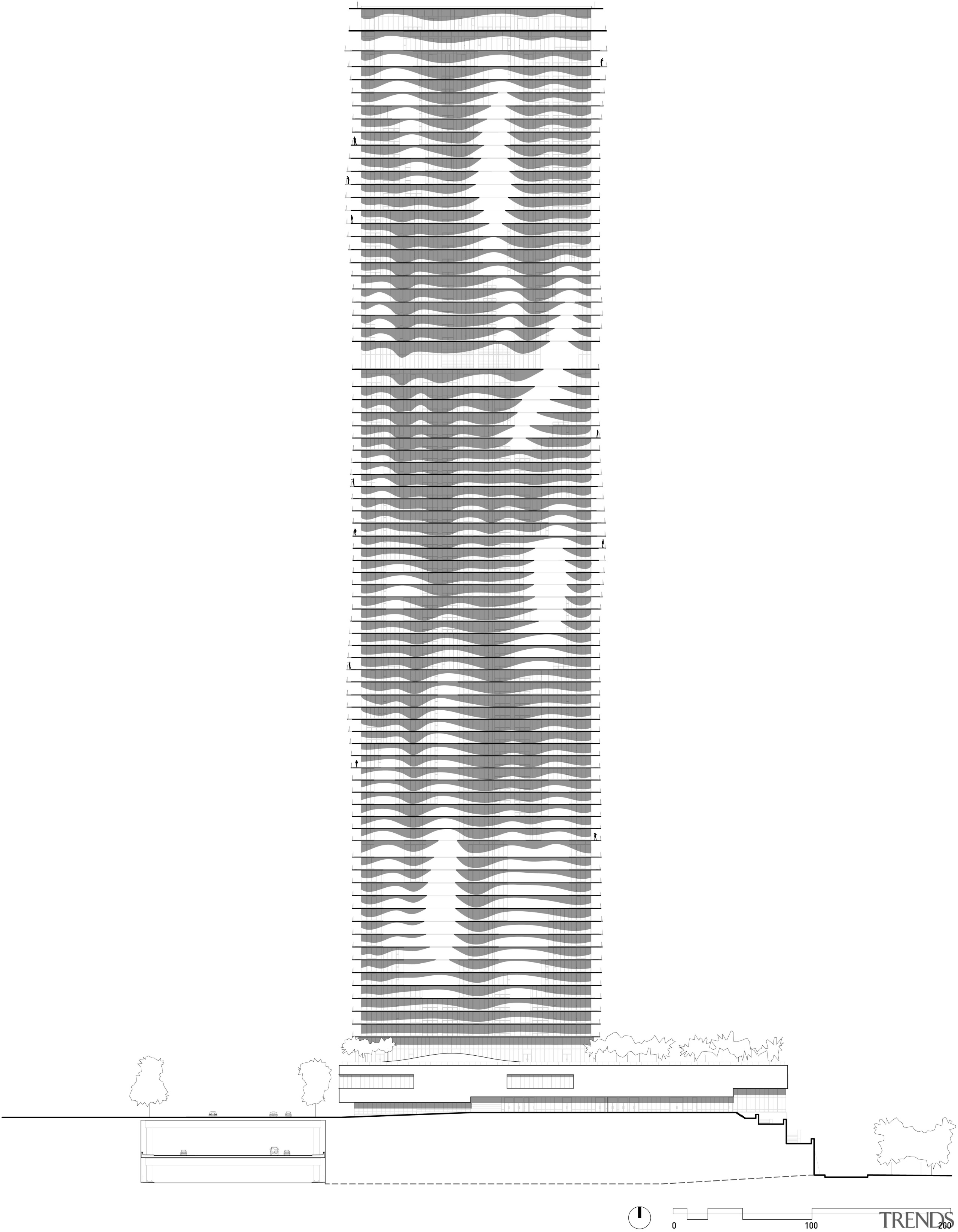 View of architectural drawings of the Aqua Tower line, product design, structure, white
