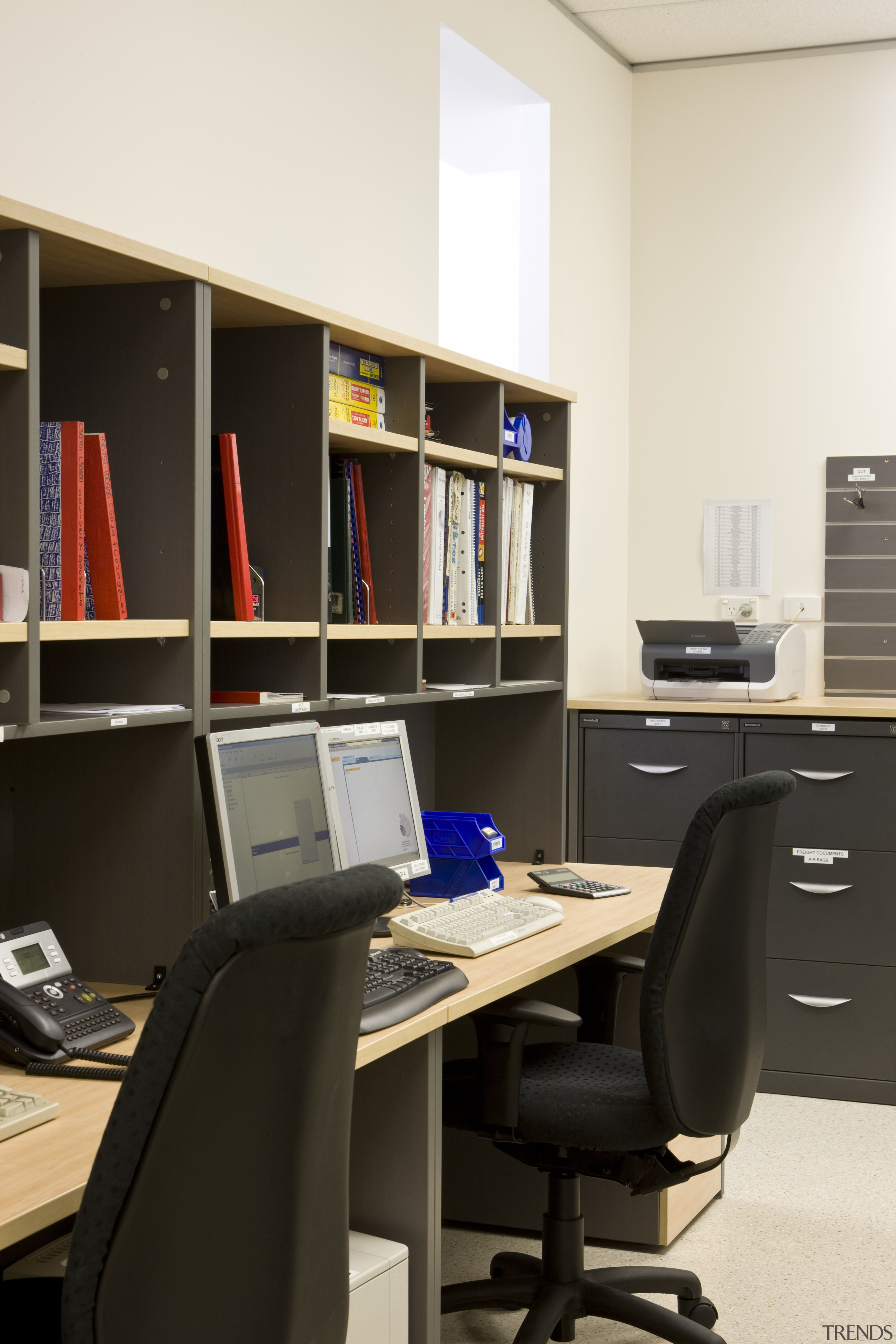 Image of desk and shelving supplied by The bookcase, desk, furniture, interior design, office, product design, shelf, shelving, black, white