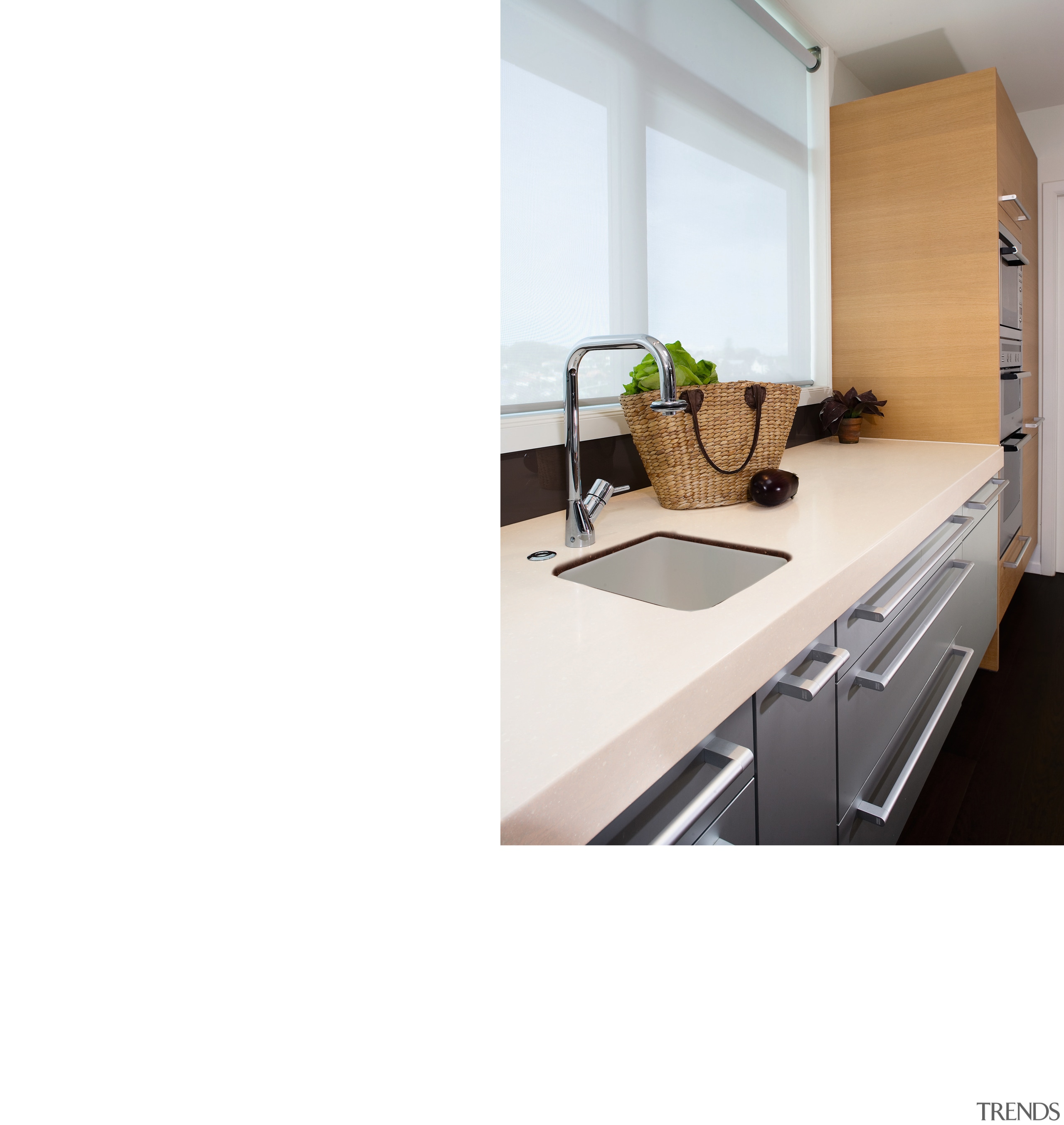 View of this kitchen featuring Cinnabar corian benchtop, countertop, furniture, interior design, kitchen, product, product design, white