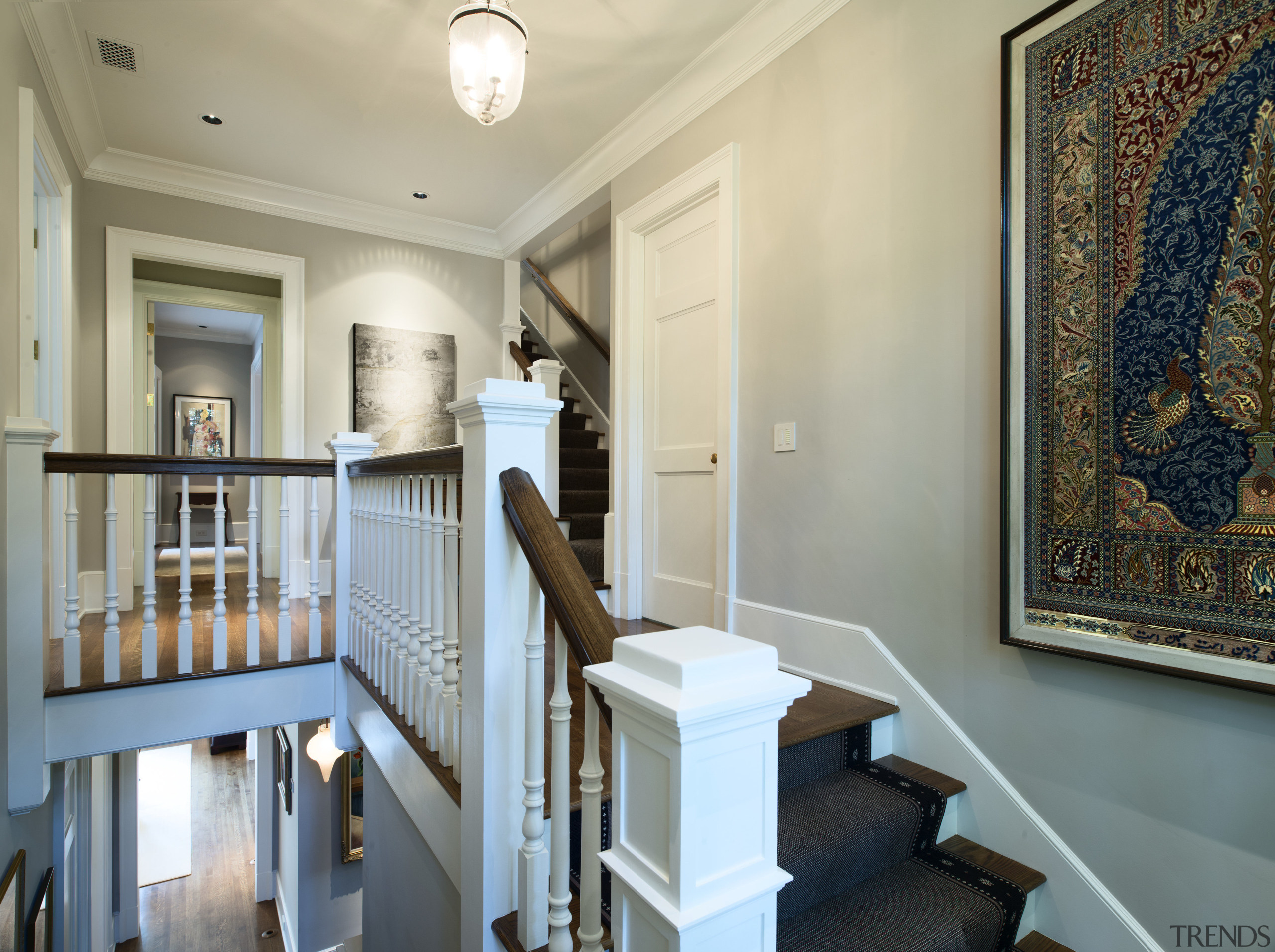 At the rear, the new basement terrace level architecture, ceiling, estate, floor, handrail, home, house, interior design, property, real estate, room, stairs, wall, window, gray, orange