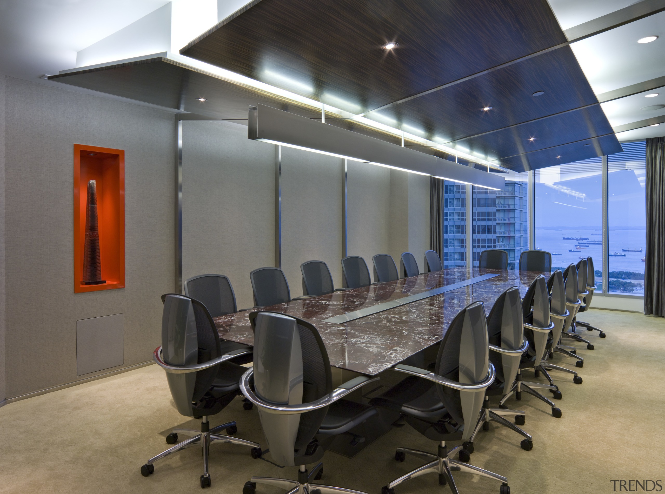 View of the main boardroom which features a ceiling, conference hall, interior design, office, gray, black