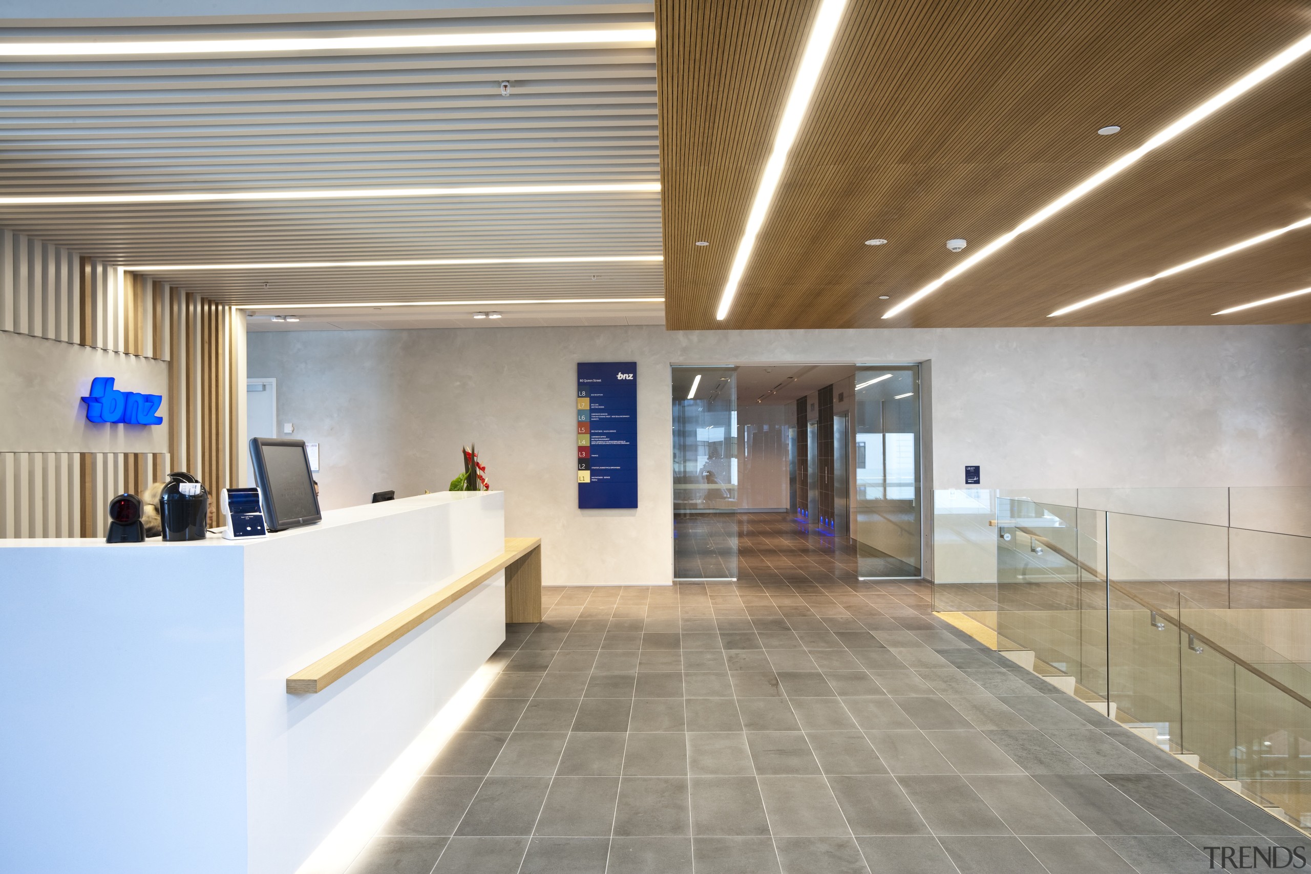 View of the reception area at the BNZ ceiling, daylighting, floor, flooring, interior design, lobby, real estate, gray