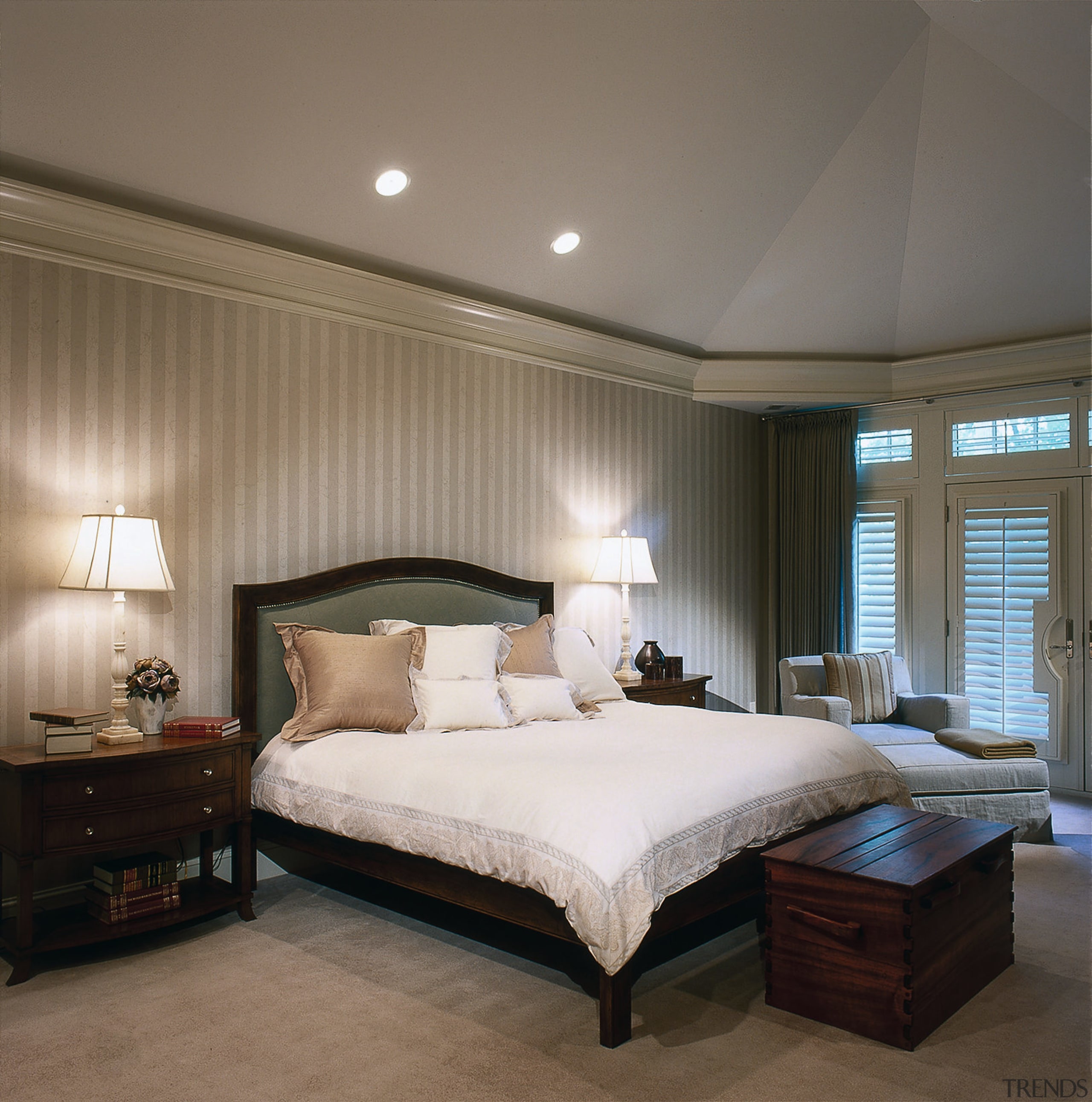 view of the master bedroom sowing a tray bed, bed frame, bedding, bedroom, ceiling, floor, home, interior design, mattress, room, wall, wood, gray, brown