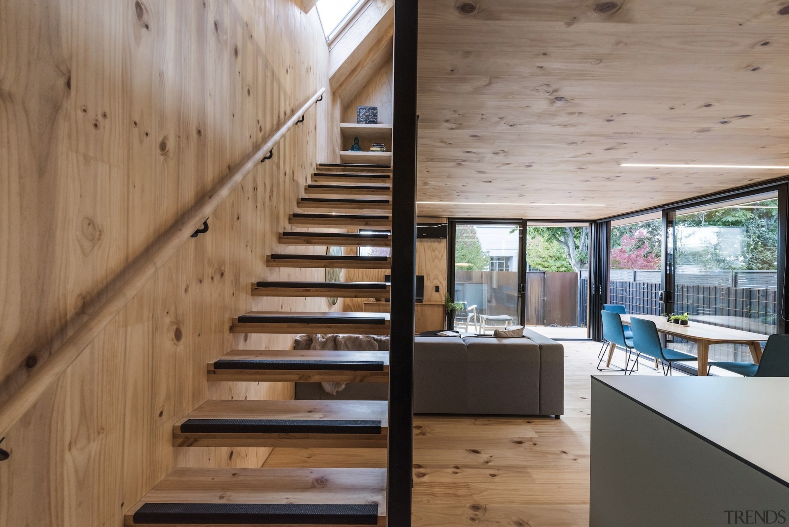 Mitchell Coll of Coll Architecture for Madras Street architecture, daylighting, floor, handrail, hardwood, home, house, interior design, real estate, stairs, wood, brown, gray