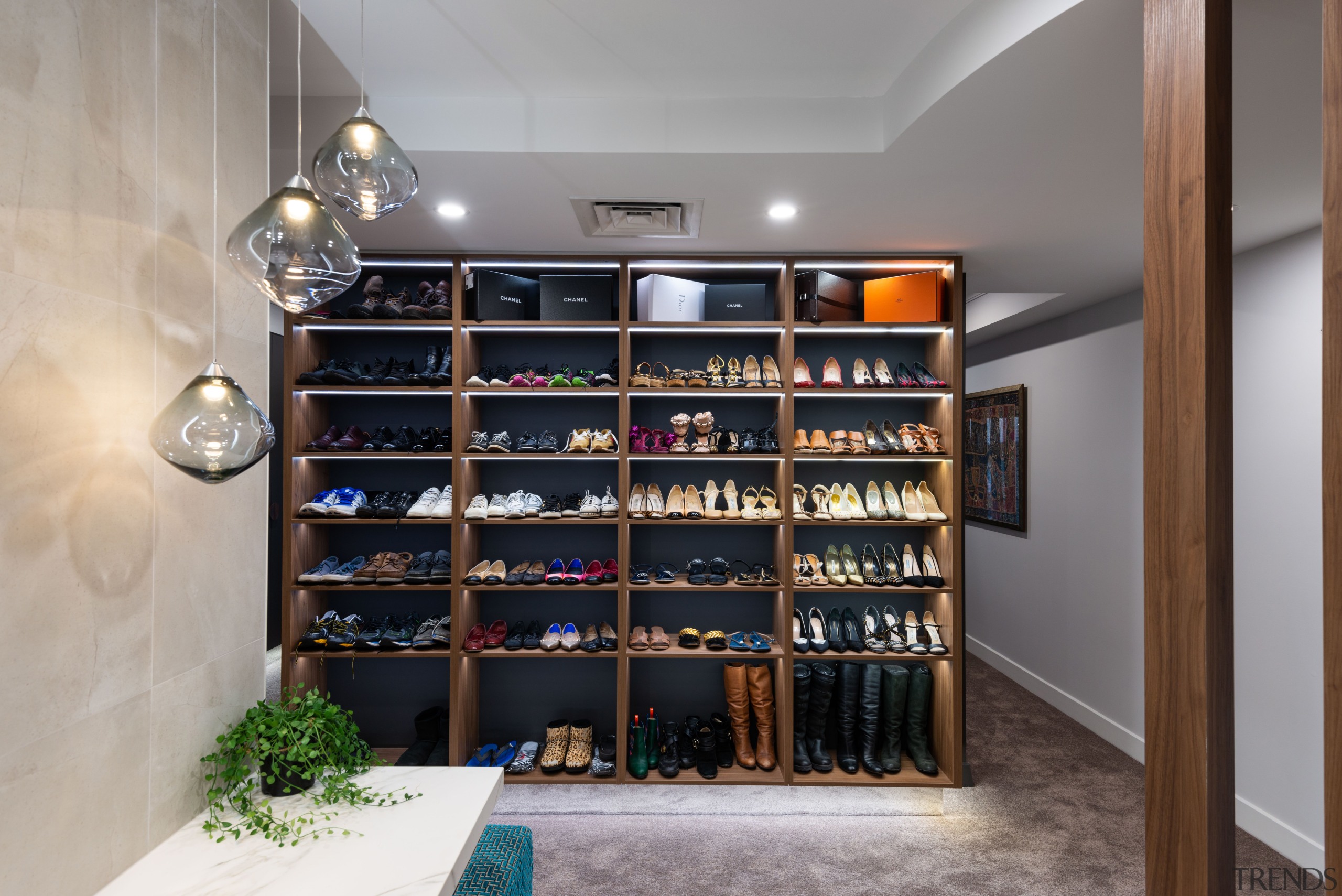 ​​​​​​​Shoe wardrobe one side, master bedroom headboard the architecture, building, display case, footwear, furniture, interior design, property, room, shelf, shelving, shoe, wine rack, gray