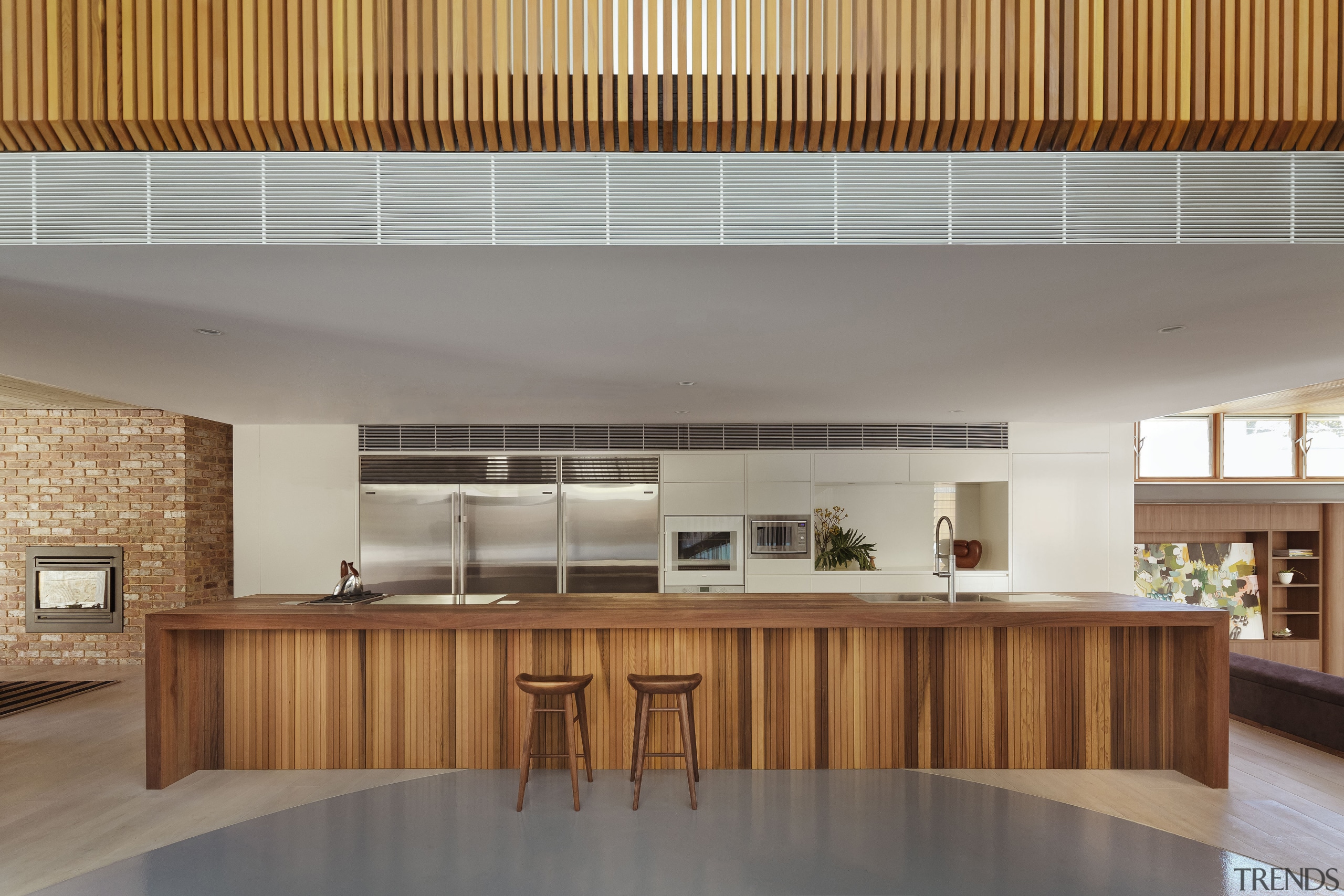 A six-metre long island with a spotted gum architecture, ceiling, daylighting, house, interior design, kitchen, lobby, real estate, wood, gray, brown