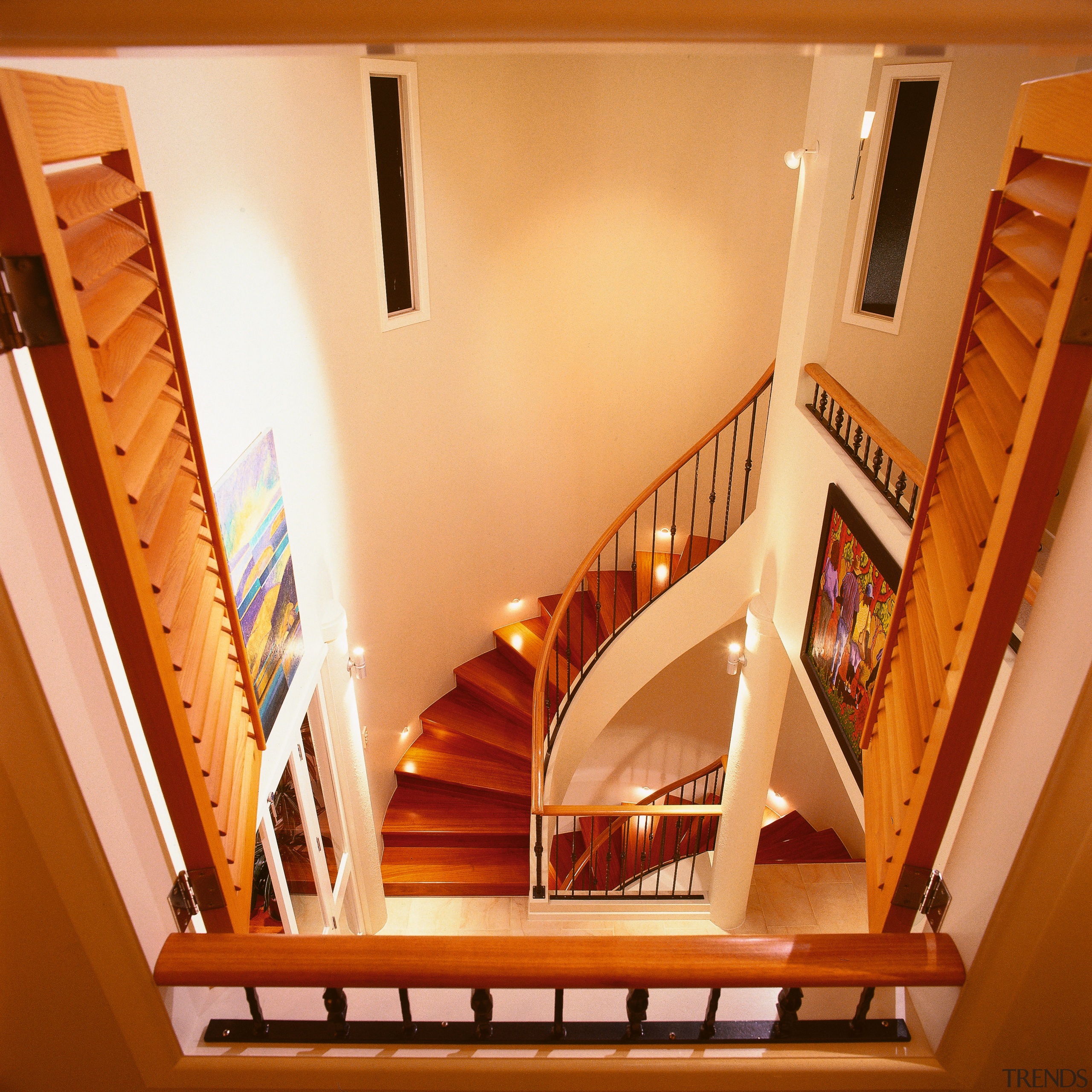 Stairway with wooden steps, cream walls, and wooden baluster, ceiling, daylighting, floor, flooring, handrail, hardwood, home, house, interior design, stairs, wood, orange, brown