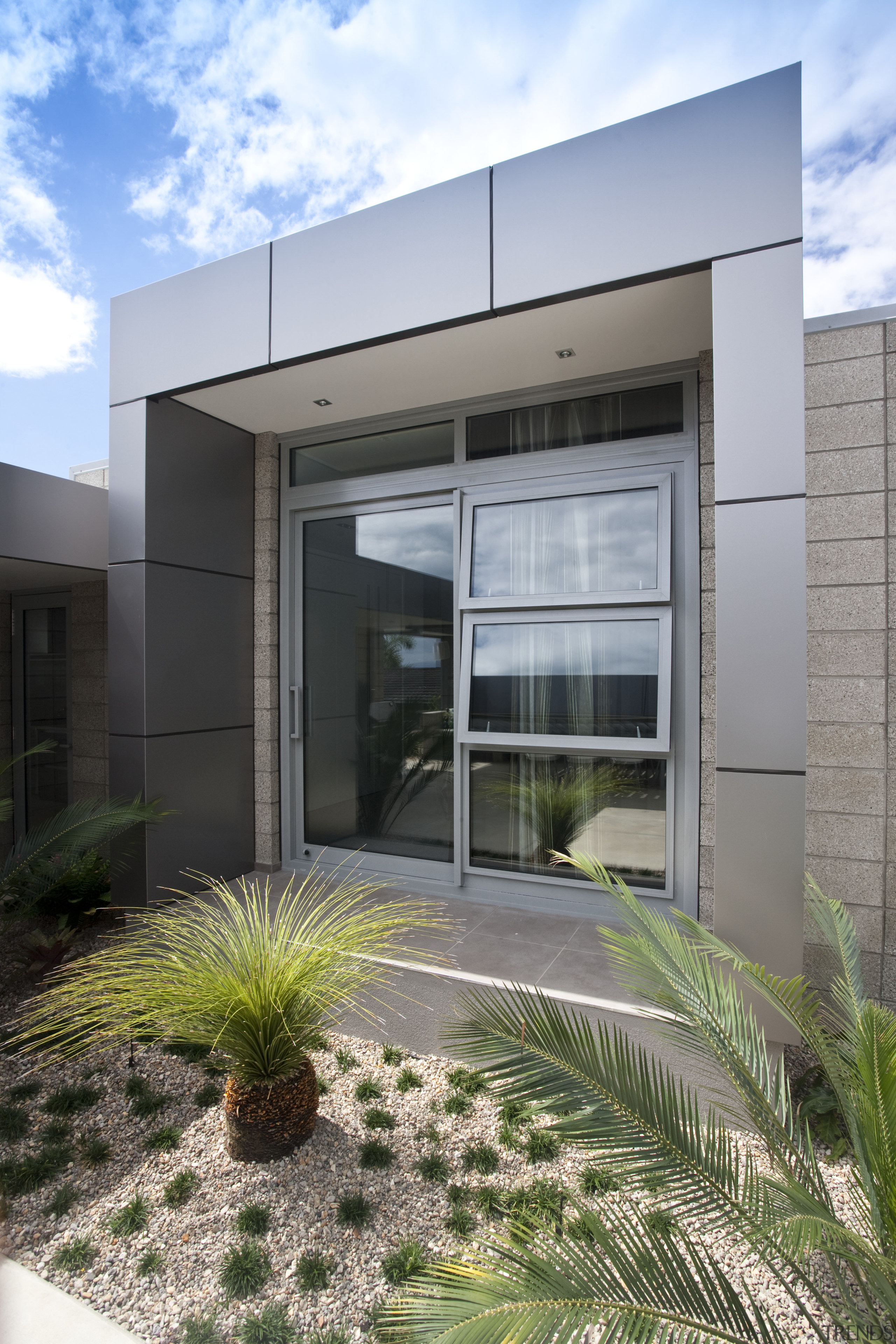 View of a house which features aluminium joinery architecture, building, corporate headquarters, facade, home, house, property, real estate, window, gray