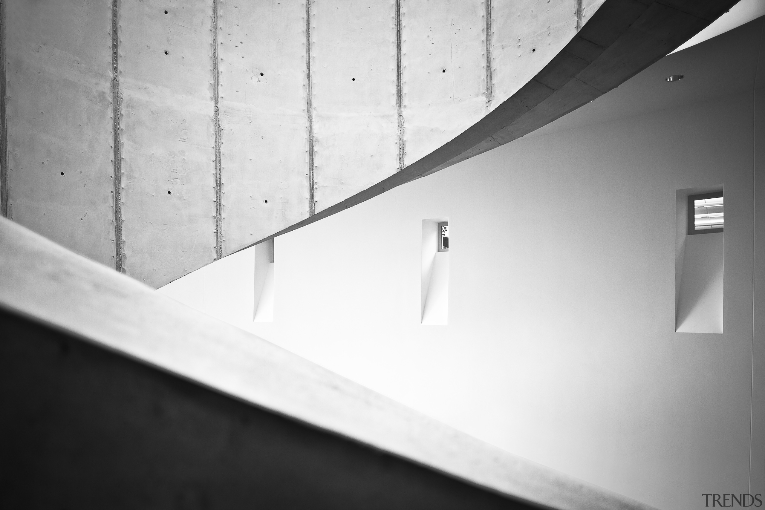 View of new art museum designed to house angle, architecture, black, black and white, ceiling, daylighting, daytime, light, lighting, line, monochrome, monochrome photography, photograph, product design, shadow, wall, white