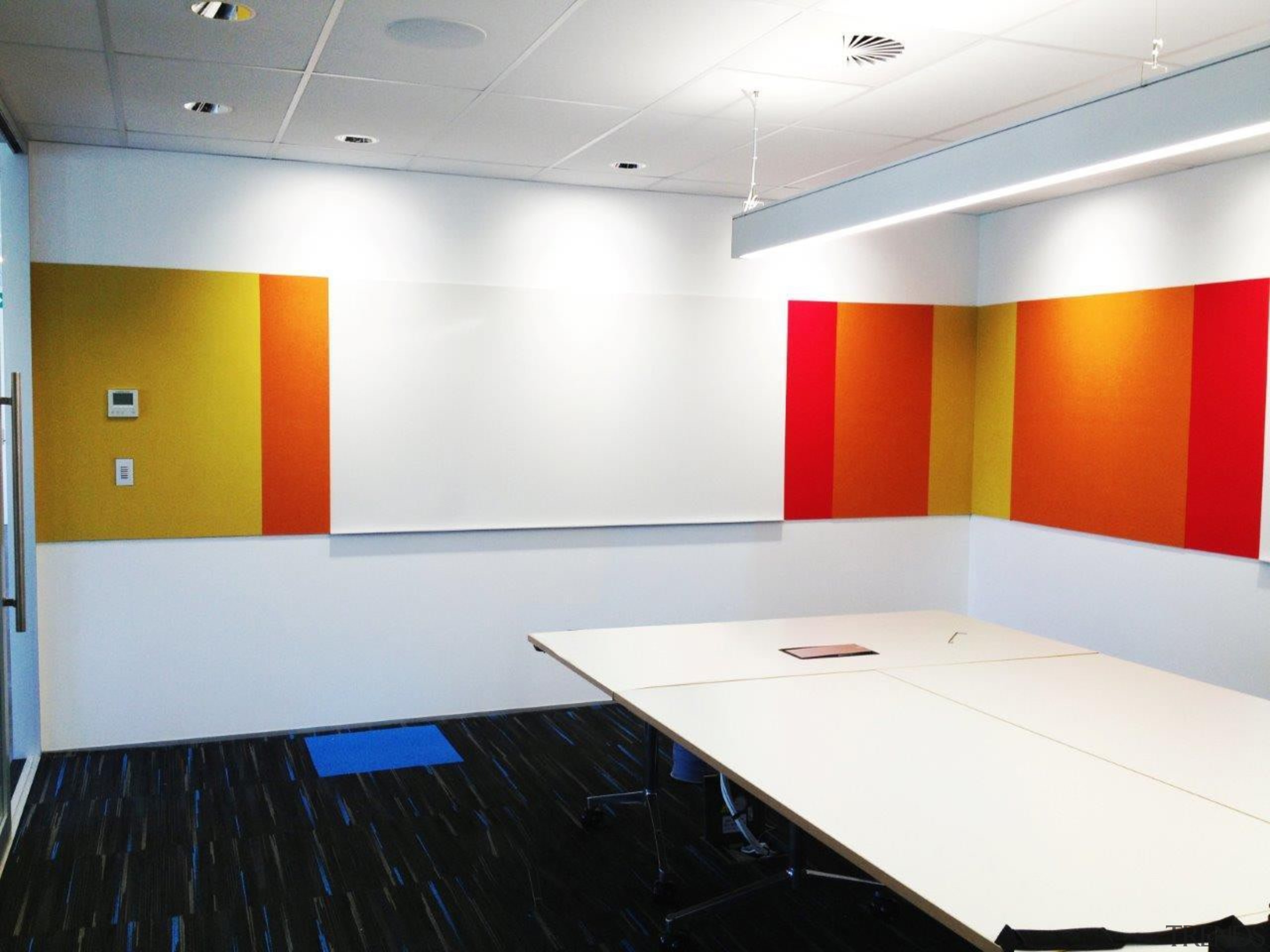 Potter Interior Systems creates customised whiteboard solutions for ceiling, conference hall, floor, flooring, interior design, office, product design, wall, white, gray