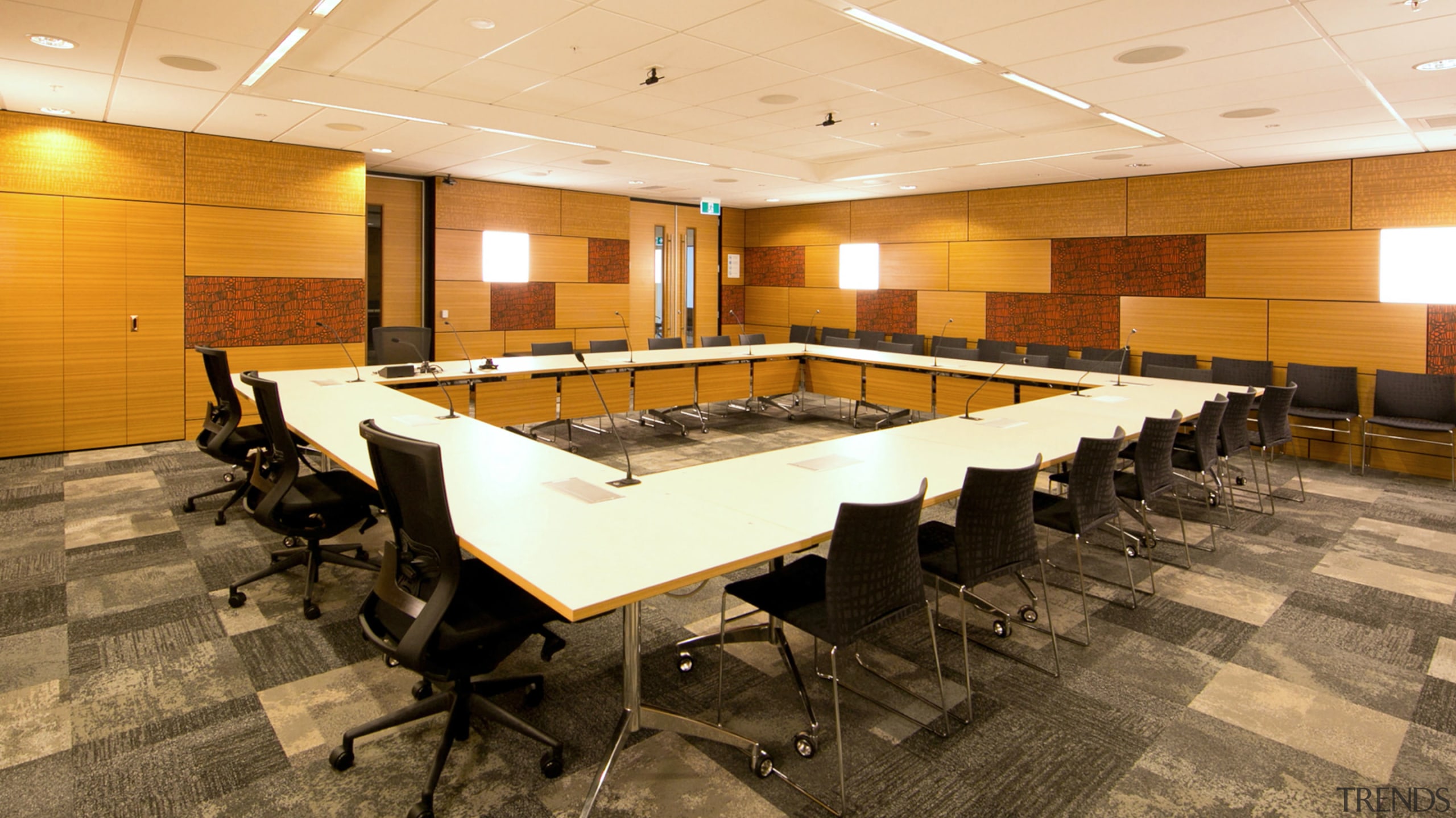 The Ministry of Justice Specialist Courts in Auckland,remodelled conference hall, flooring, function hall, interior design, table, orange, brown