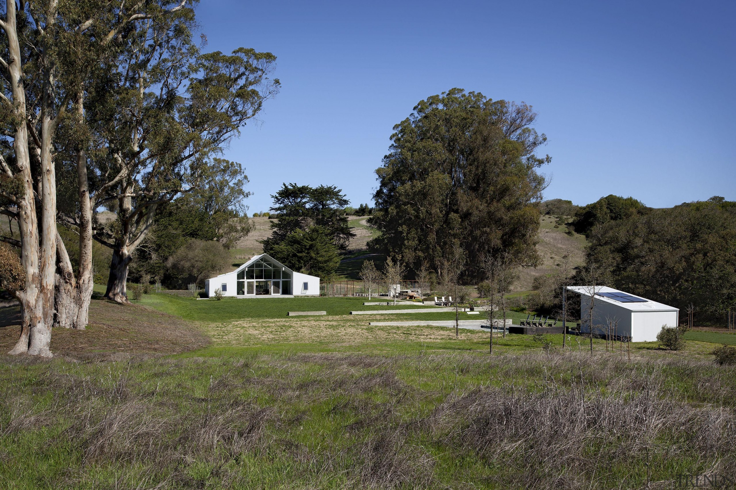 Hupomone Ranch is a LEED Platinum house designed cottage, farm, farmhouse, field, grass, grassland, home, house, land lot, landscape, meadow, pasture, plant, prairie, property, real estate, rural area, sky, tree, brown