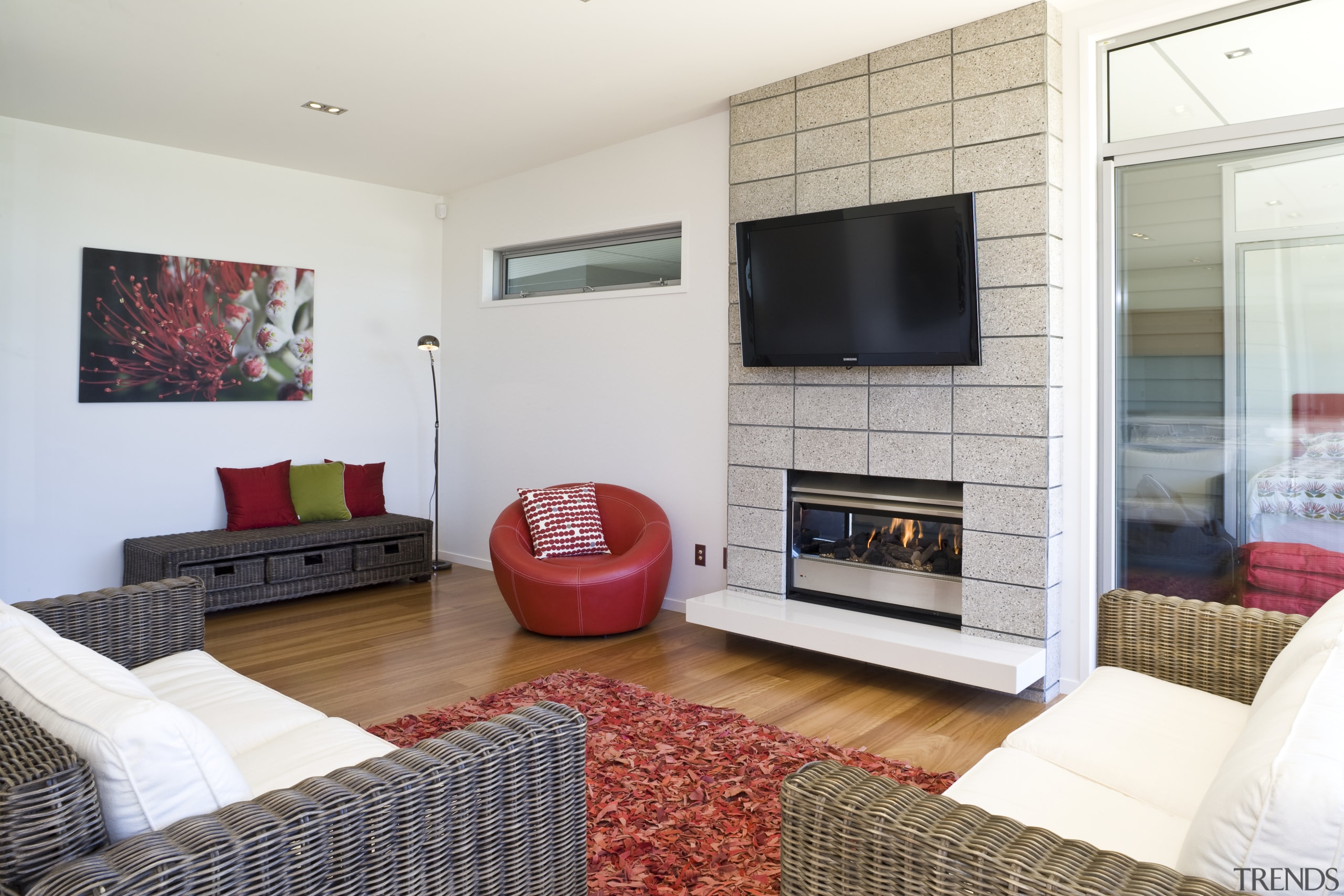 View of the living area with wall-mounter flat hearth, home, interior design, living room, property, real estate, room, white