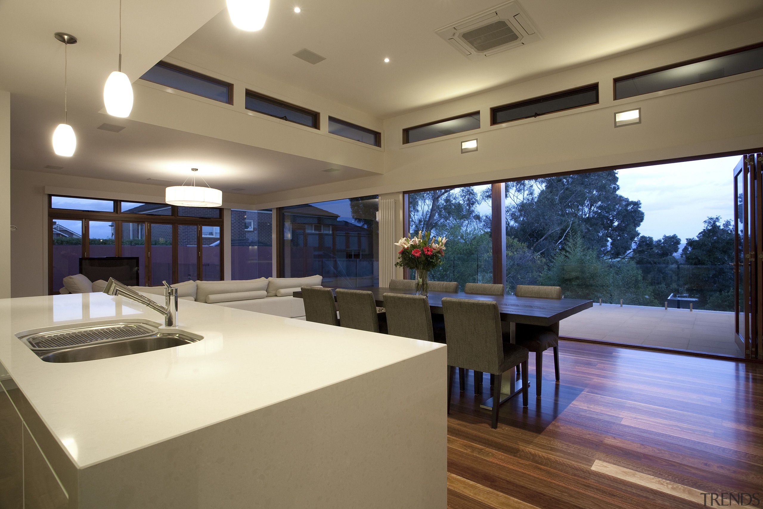 View of kitchen and dining room. Features windows architecture, ceiling, house, interior design, kitchen, real estate, window, brown