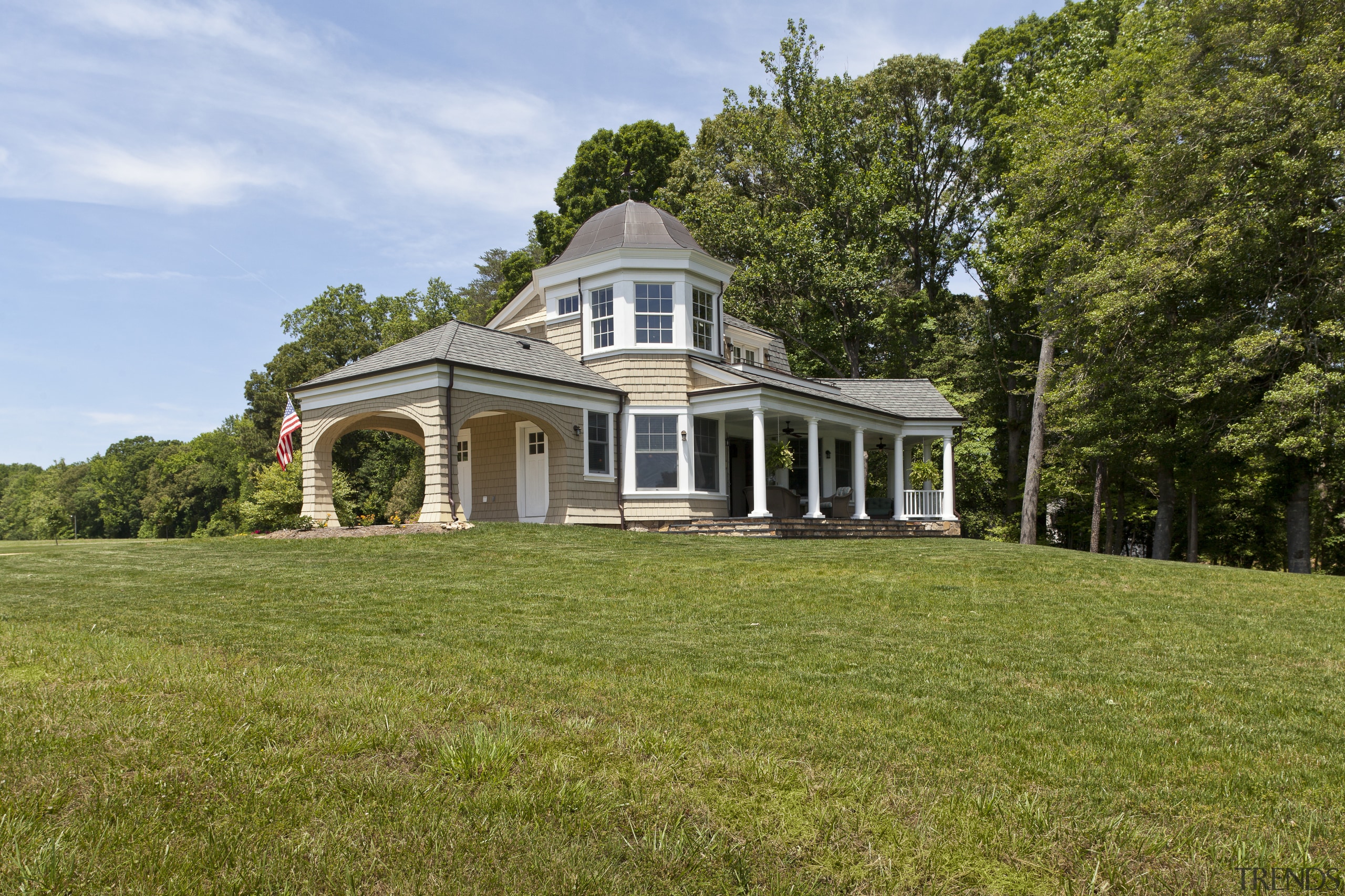 Wood shingles, an asphalt gambrel roof and copper cottage, estate, facade, farmhouse, grass, historic house, home, house, land lot, landscape, lawn, mansion, plantation, property, real estate, villa, brown