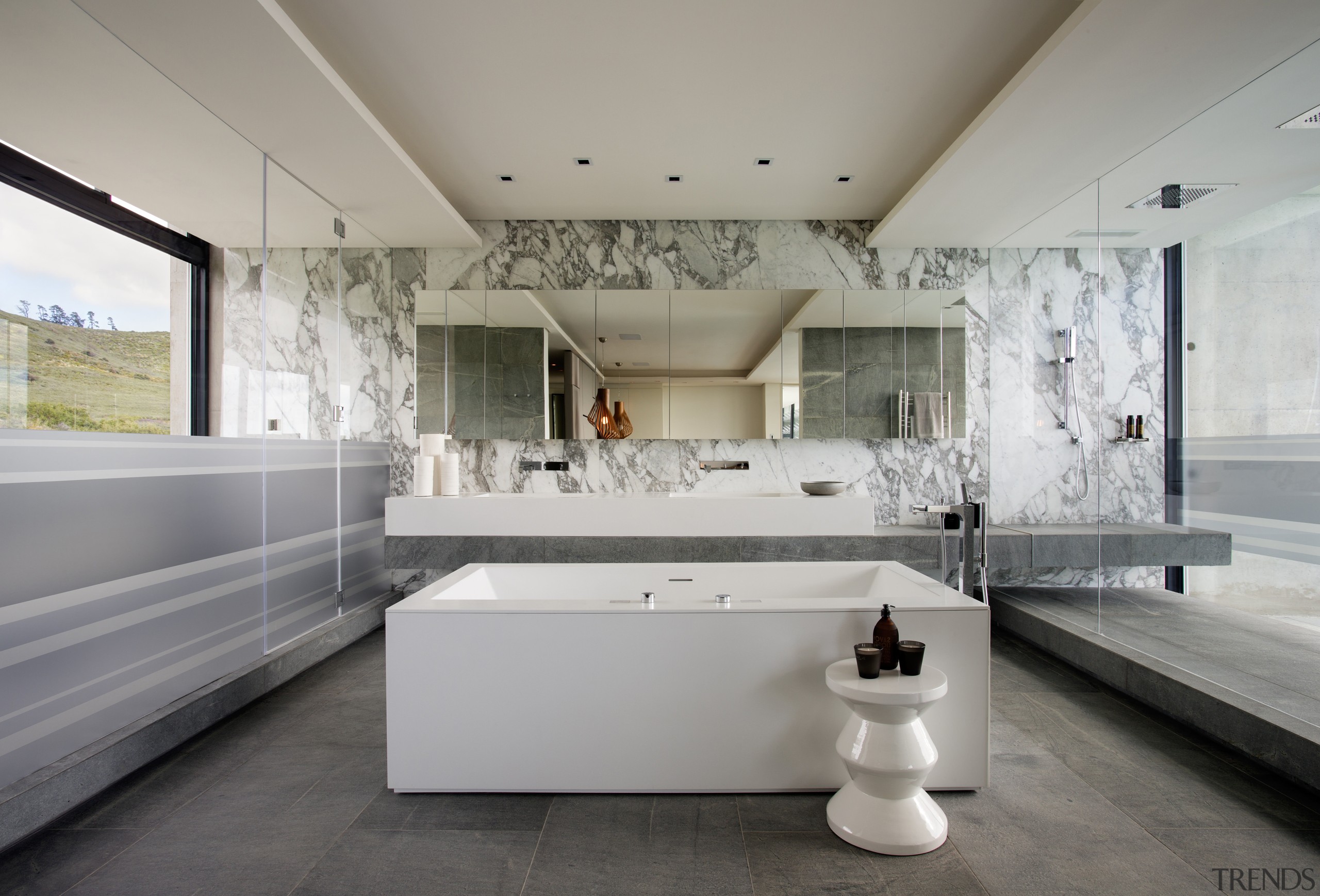 In this master bathroom, both the shower on architecture, bathroom, ceiling, daylighting, estate, home, interior design, gray