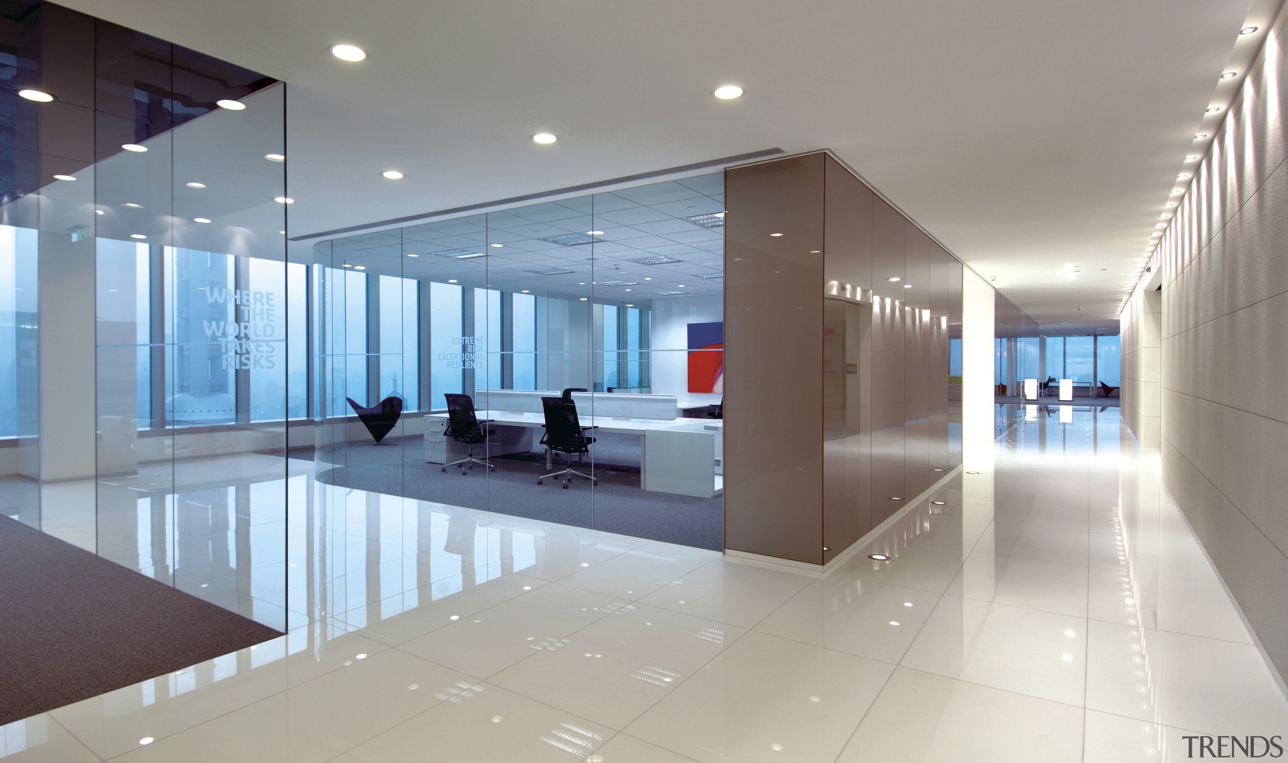 Interior view of Lloyd's Reinsurance Co. featuring stone apartment, architecture, ceiling, condominium, daylighting, interior design, leisure centre, lobby, real estate, gray