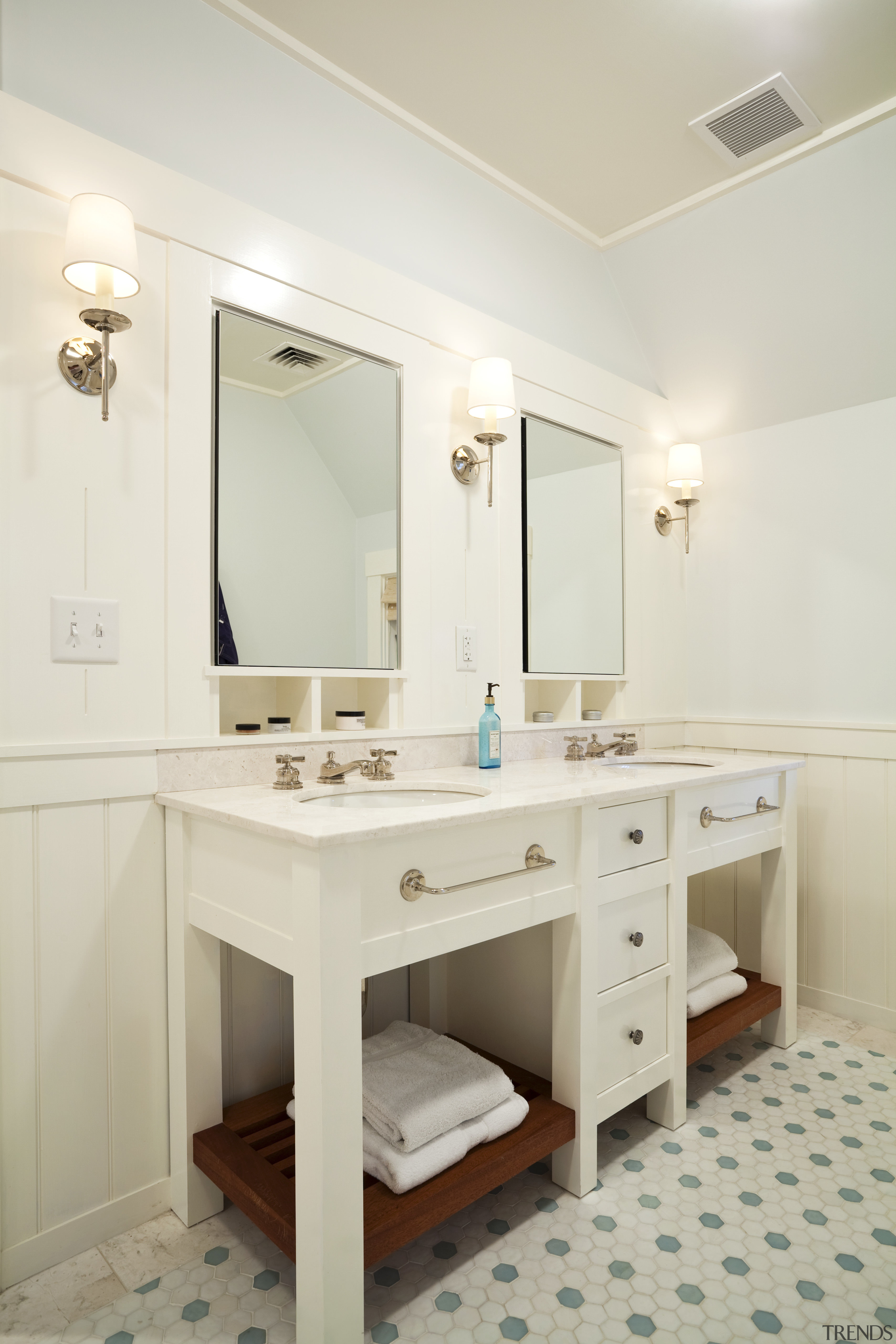 View of basins and mirrors sitting on top bathroom, floor, home, interior design, plumbing fixture, room, sink, suite, white
