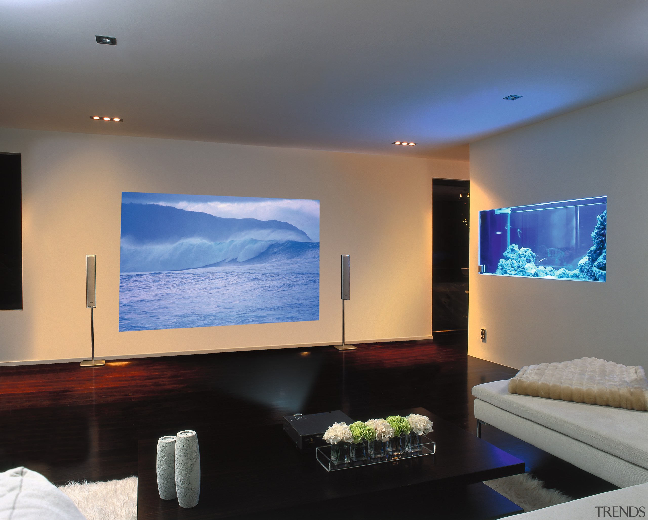 A photograph of a media room featuring a ceiling, display device, flat panel display, home, interior design, lighting, living room, multimedia, projection screen, room, gray