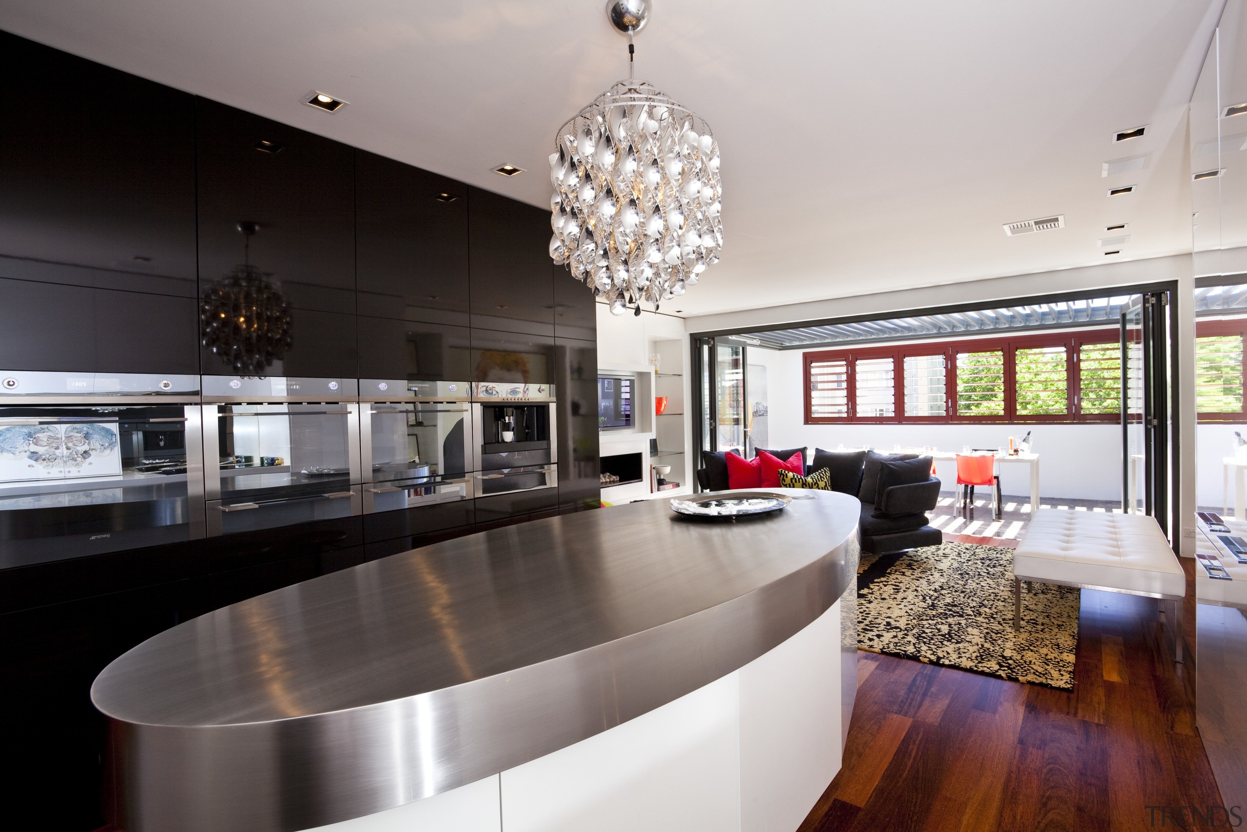 View of kitchen with oval bench top. - countertop, interior design, kitchen, table, gray, black