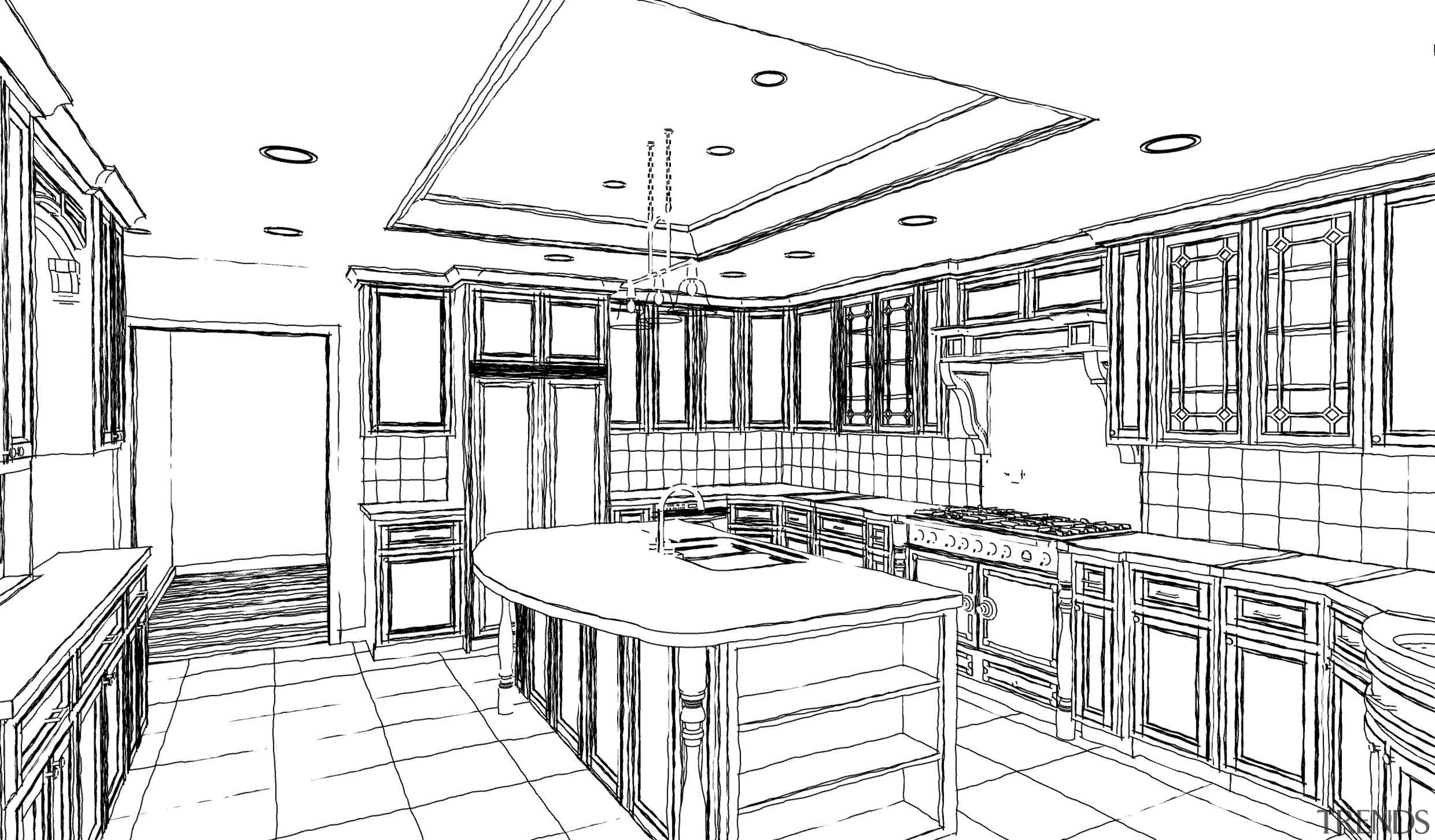 View of remodelled kitchen, with light-toned cabinetry and architecture, area, artwork, black and white, design, drawing, furniture, home, line, line art, product design, production designer, residential area, sketch, structure, white