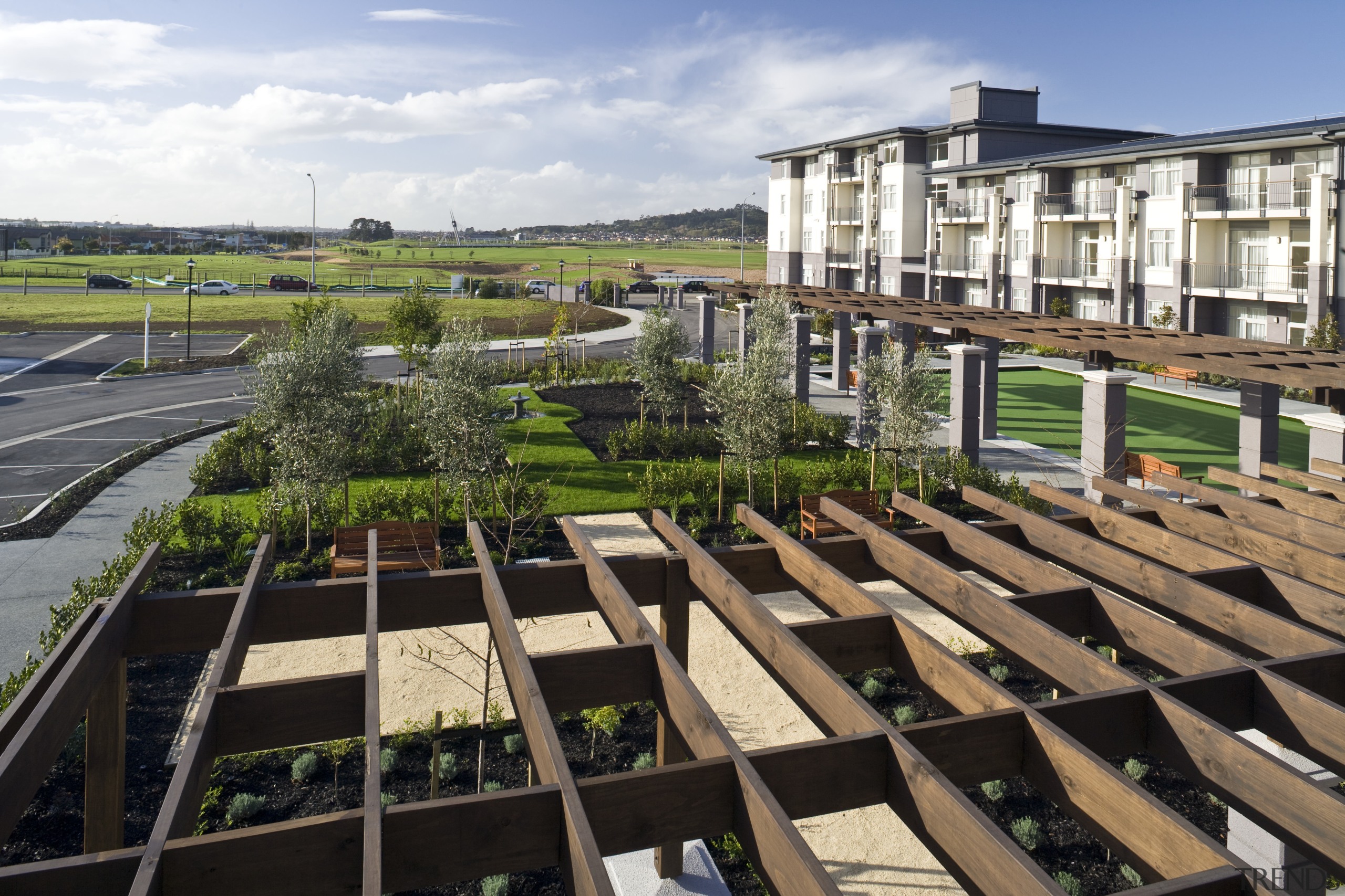 Exterior view of the Summerset by the Park outdoor structure, plant, real estate, residential area, roof, black