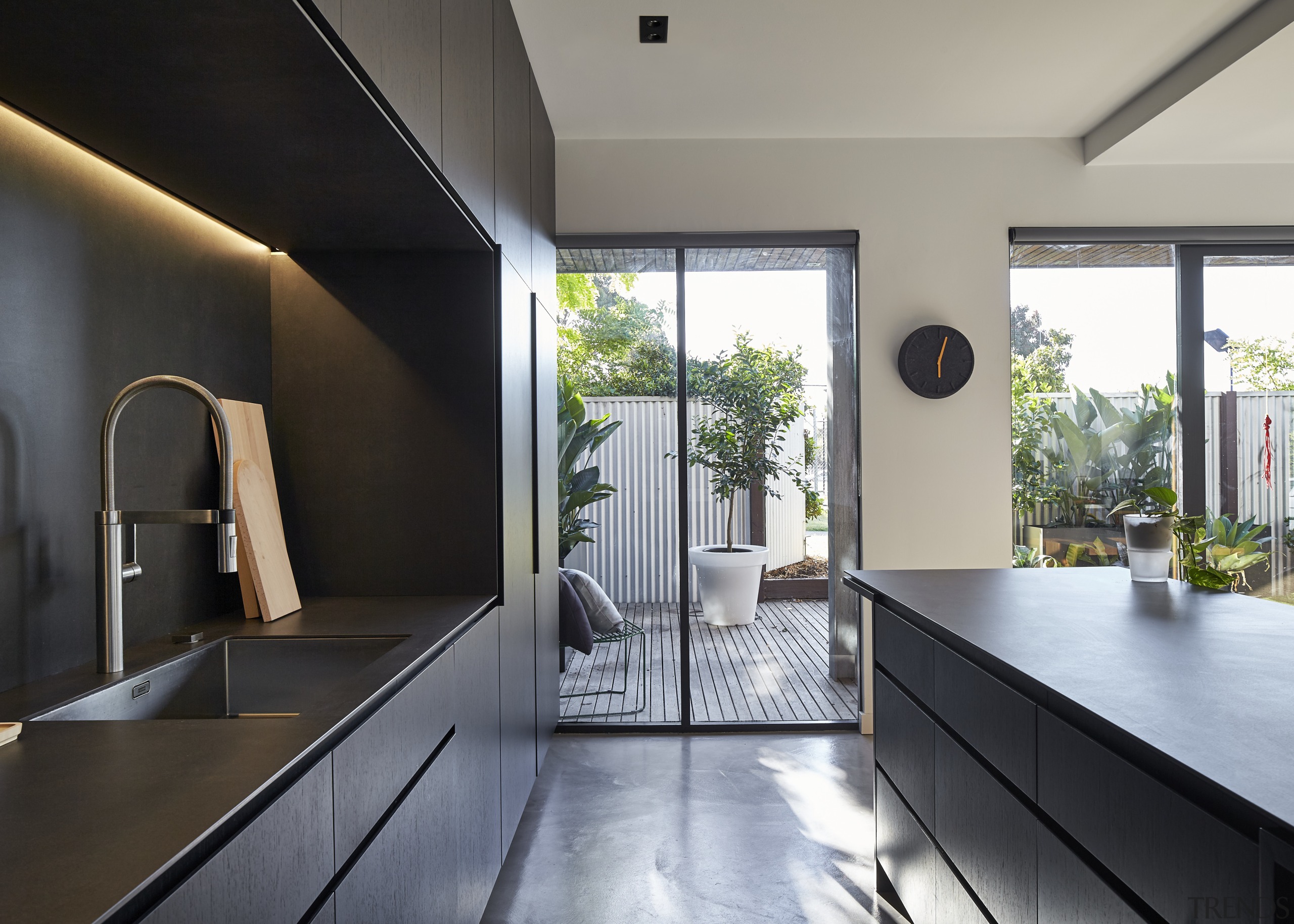 Although the cabinets in this kitchen appear black, architecture, countertop, house, interior design, kitchen, real estate, gray, black