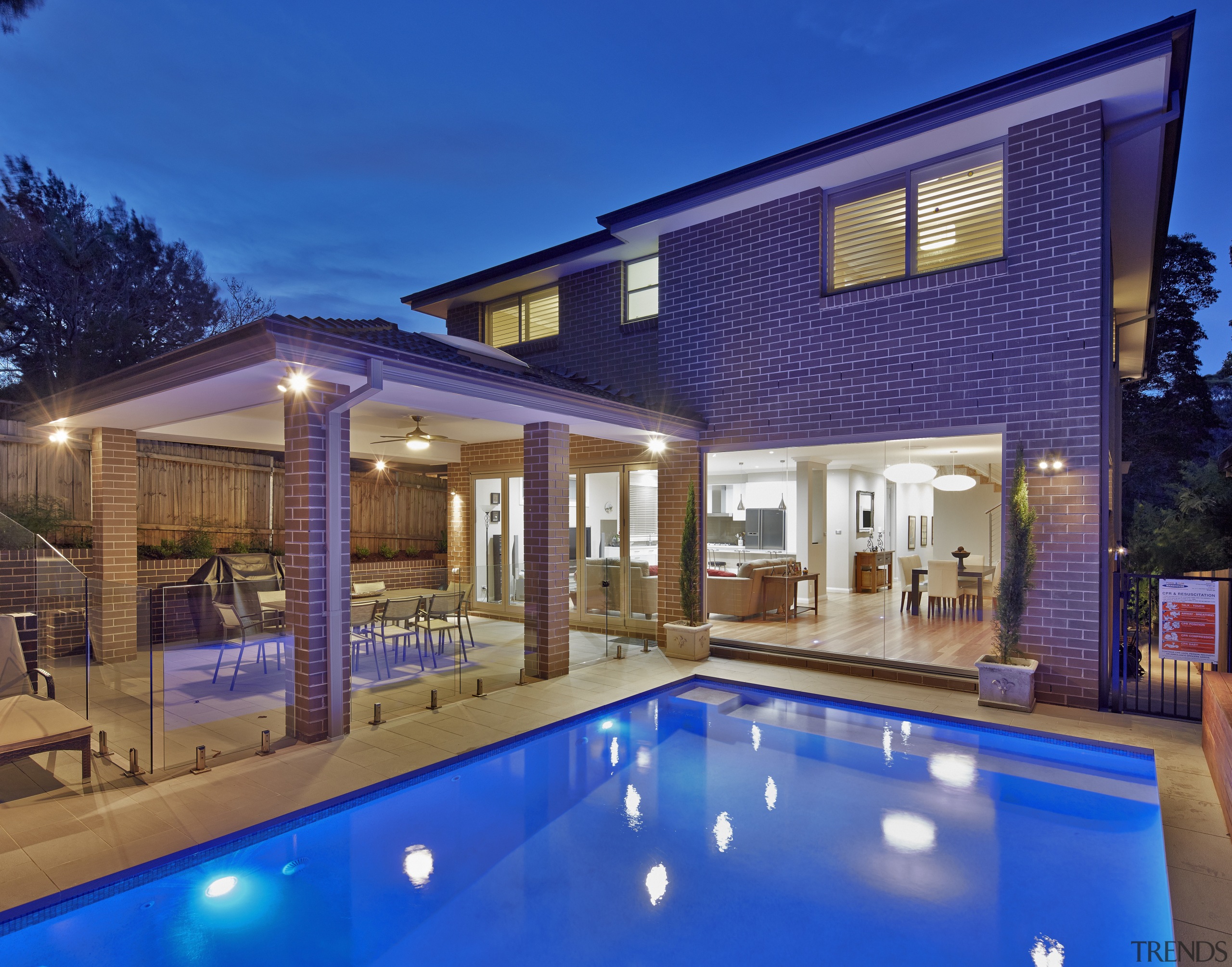 Contemporary new home with pool - Contemporary new backyard, estate, facade, home, house, leisure, lighting, property, real estate, residential area, swimming pool, villa, window, blue