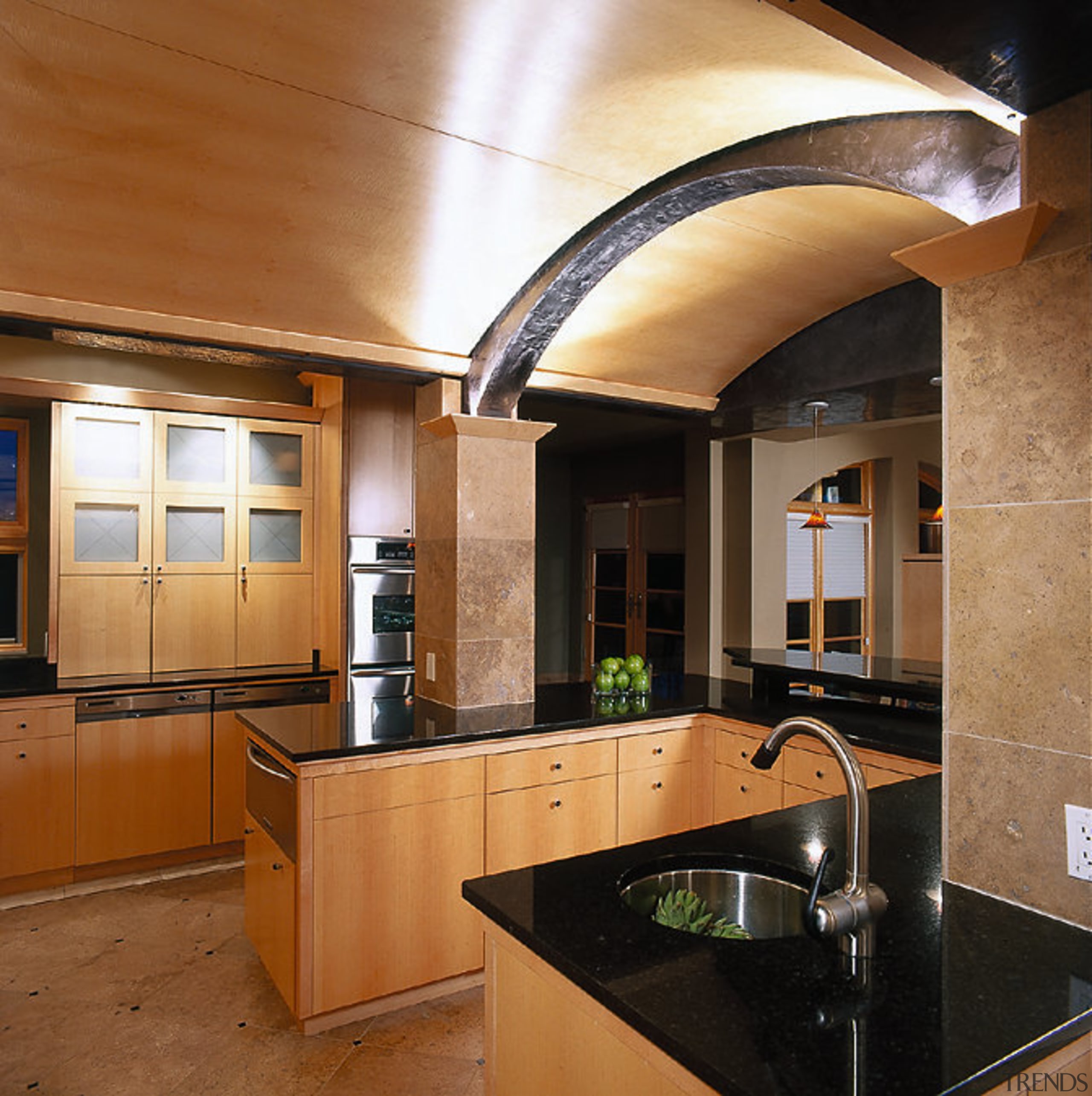 Low maple barrel vault ceiling. Kitchen cupboards, drawers cabinetry, ceiling, countertop, cuisine classique, interior design, kitchen, real estate, brown