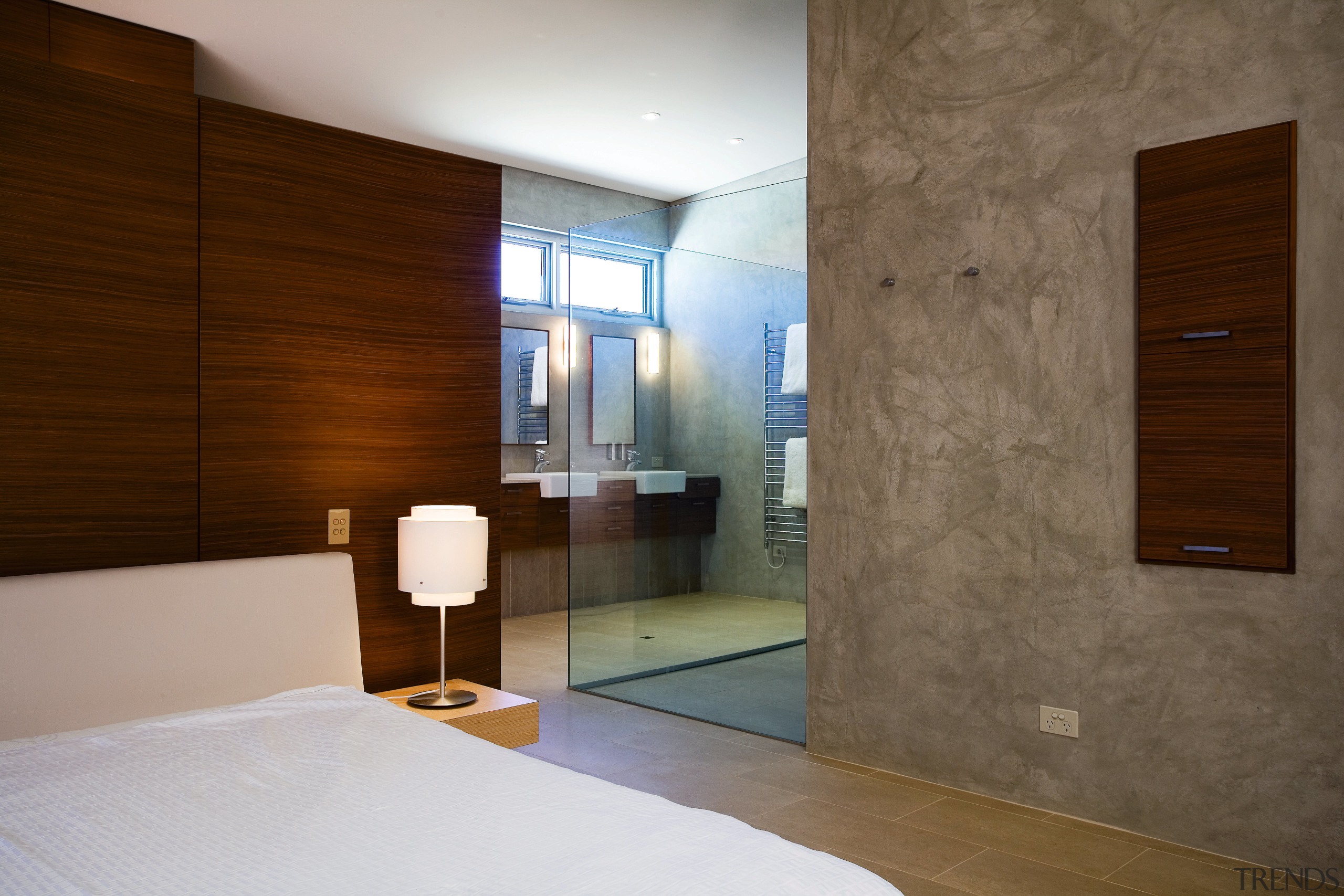 View of the master bedroom and ensuite - architecture, ceiling, door, floor, house, interior design, room, wall, wood, brown