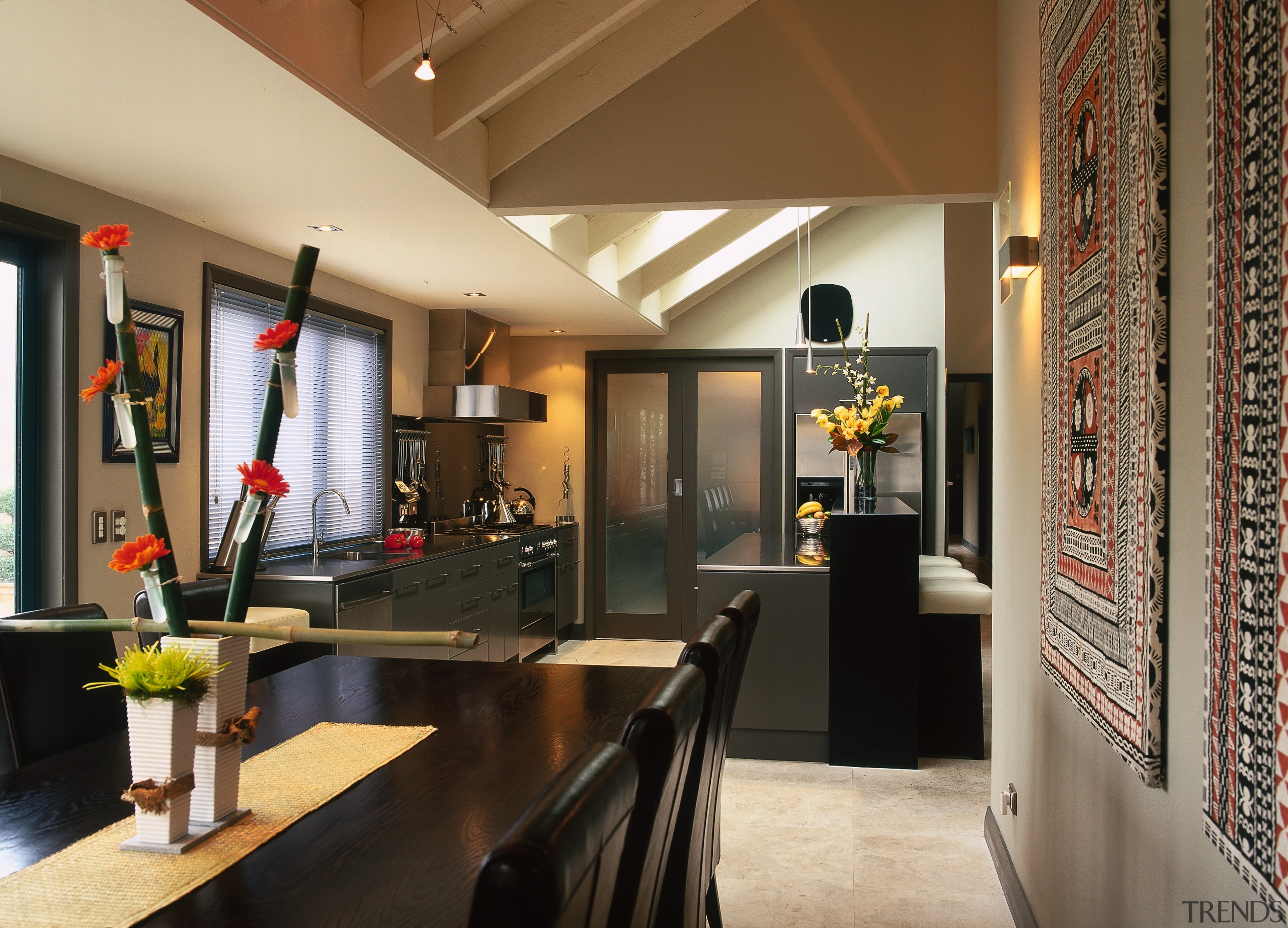 The view of a kitchen from the dining ceiling, interior design, black, brown