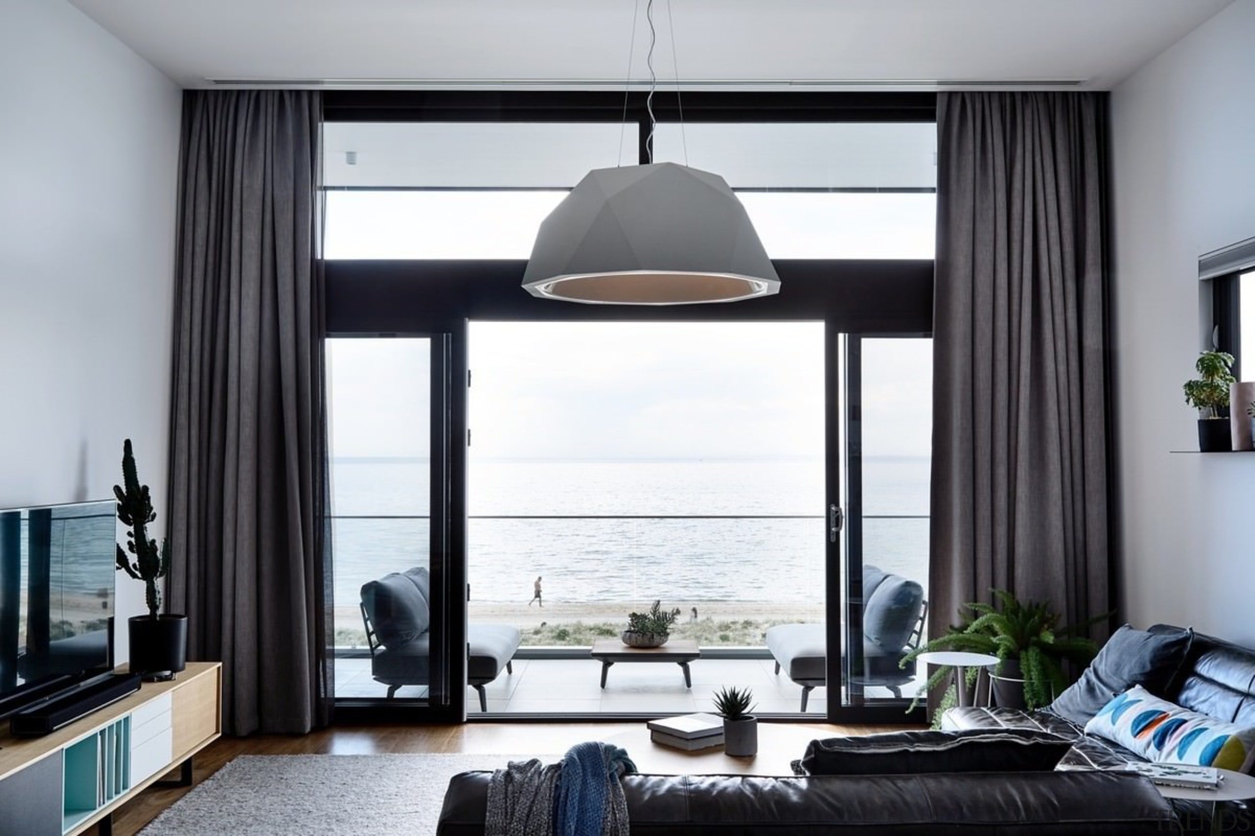 For sea lovers, there's no better place - ceiling, home, interior design, living room, room, window, window covering, window treatment, white, black