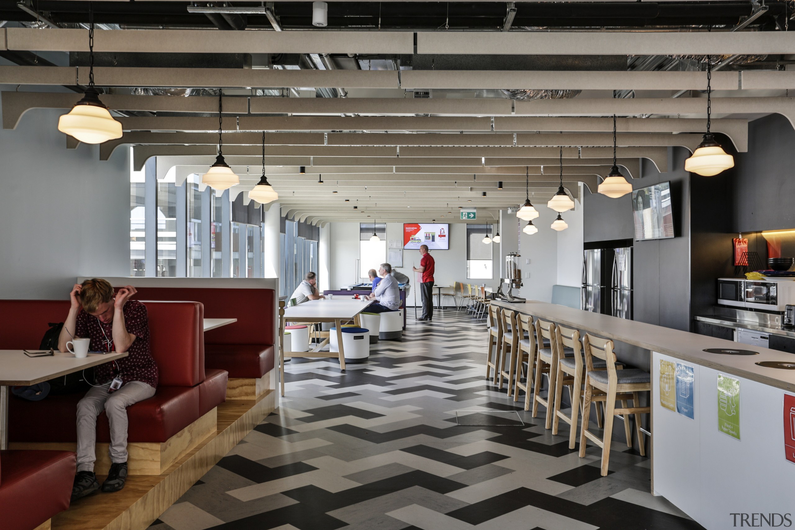 Staff kitchen facilities in Vodafones InnoV8 building at ceiling, interior design, lobby, office, gray