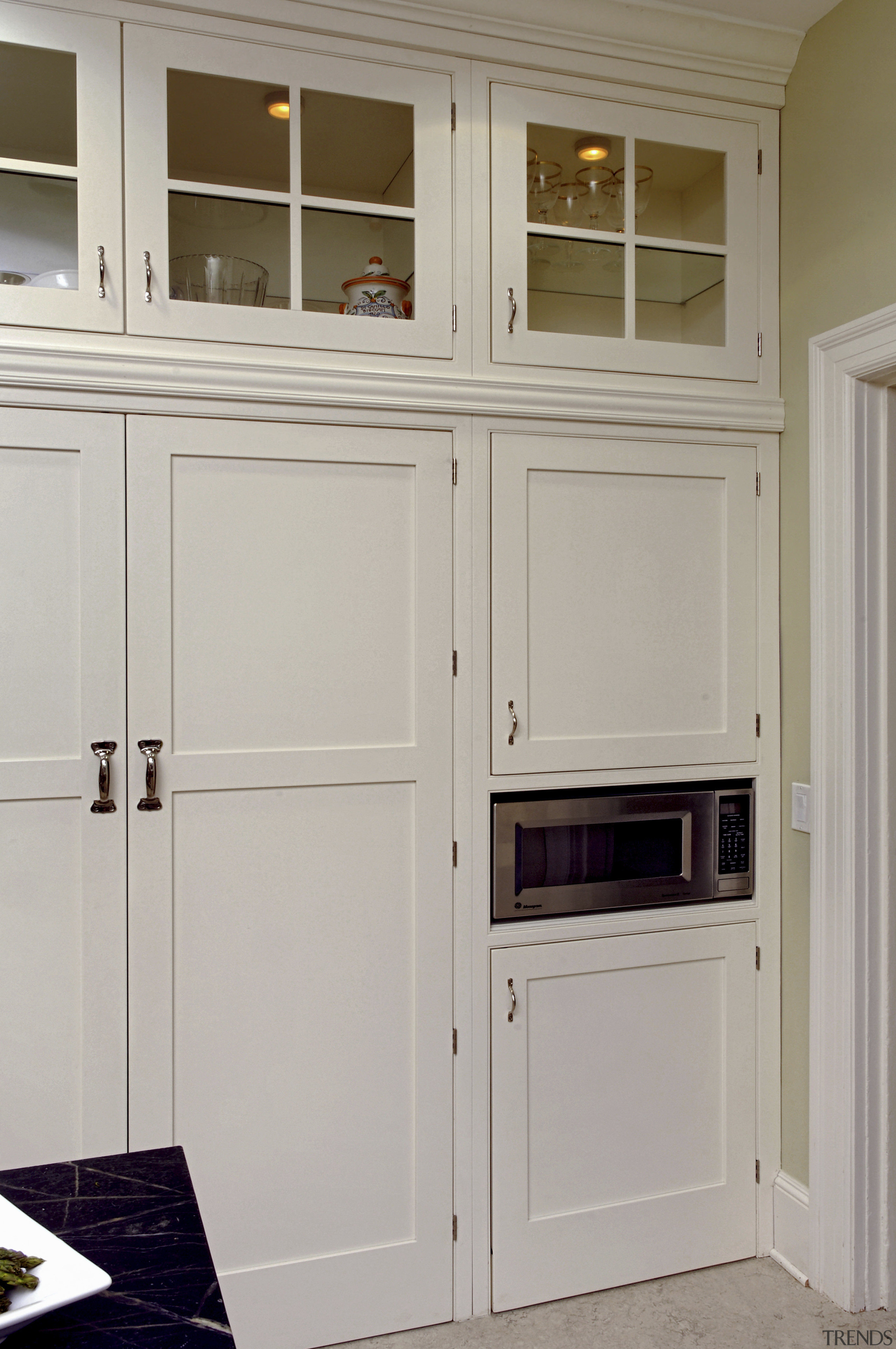 View of kitchen designed by Jennifer Gilmer Kitchen cabinetry, countertop, cupboard, furniture, home appliance, kitchen, product, room, wood stain, gray