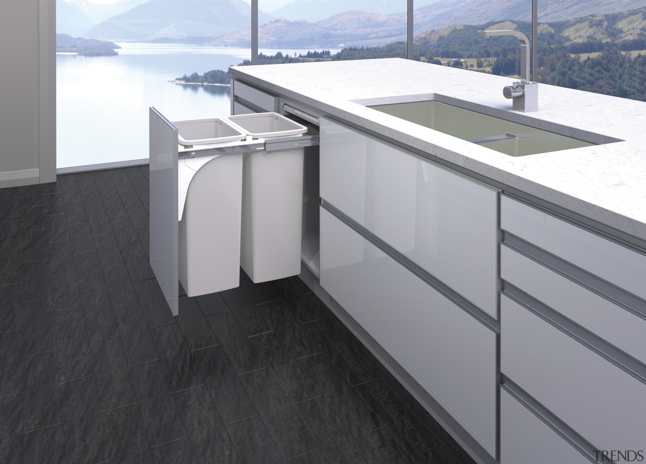 There is a discreet Hideaway Bin storage or countertop, floor, product, product design, gray, black