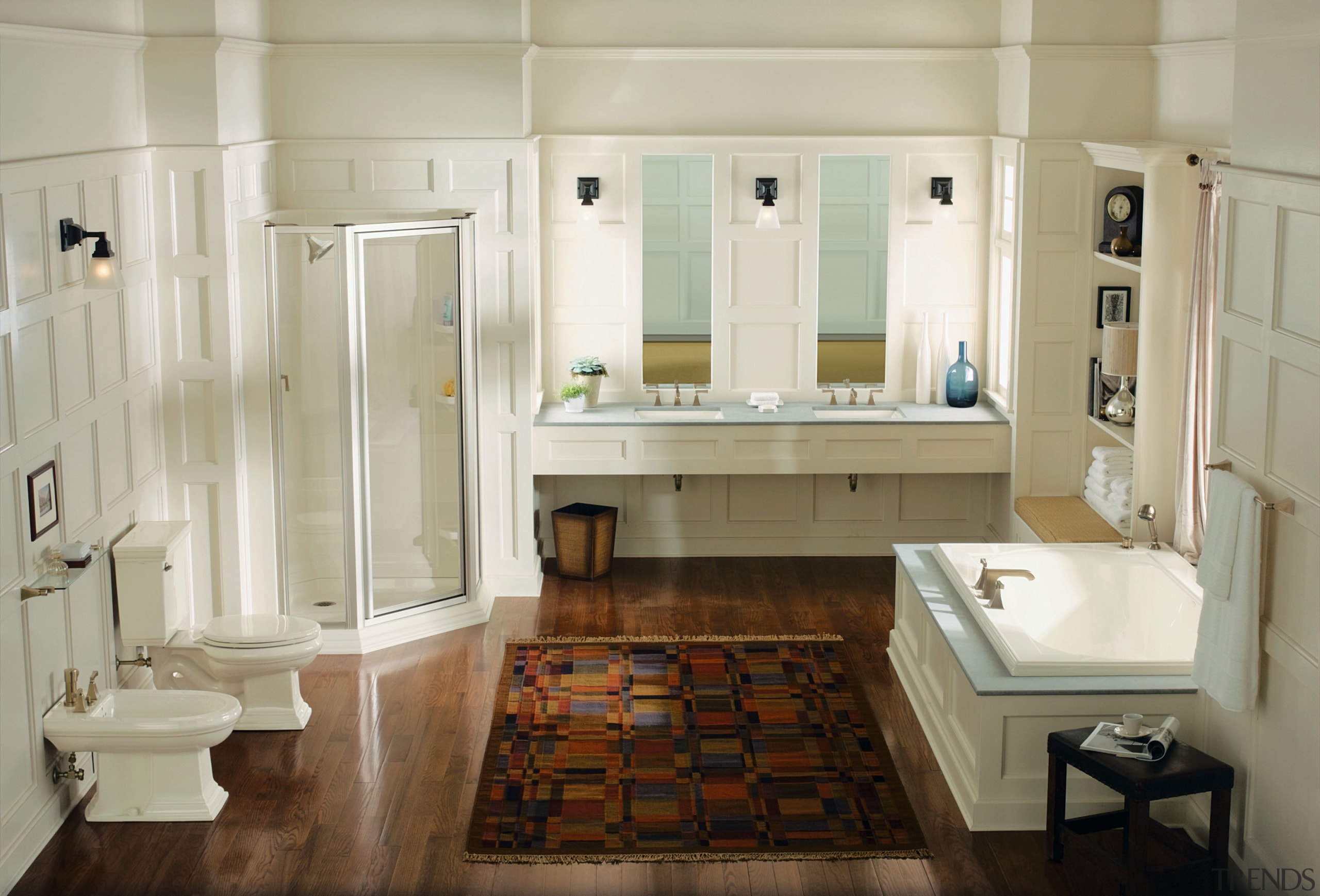 the kohler memiors suite is designed to address bathroom, floor, flooring, home, interior design, plumbing fixture, room, sink, tile, gray, brown