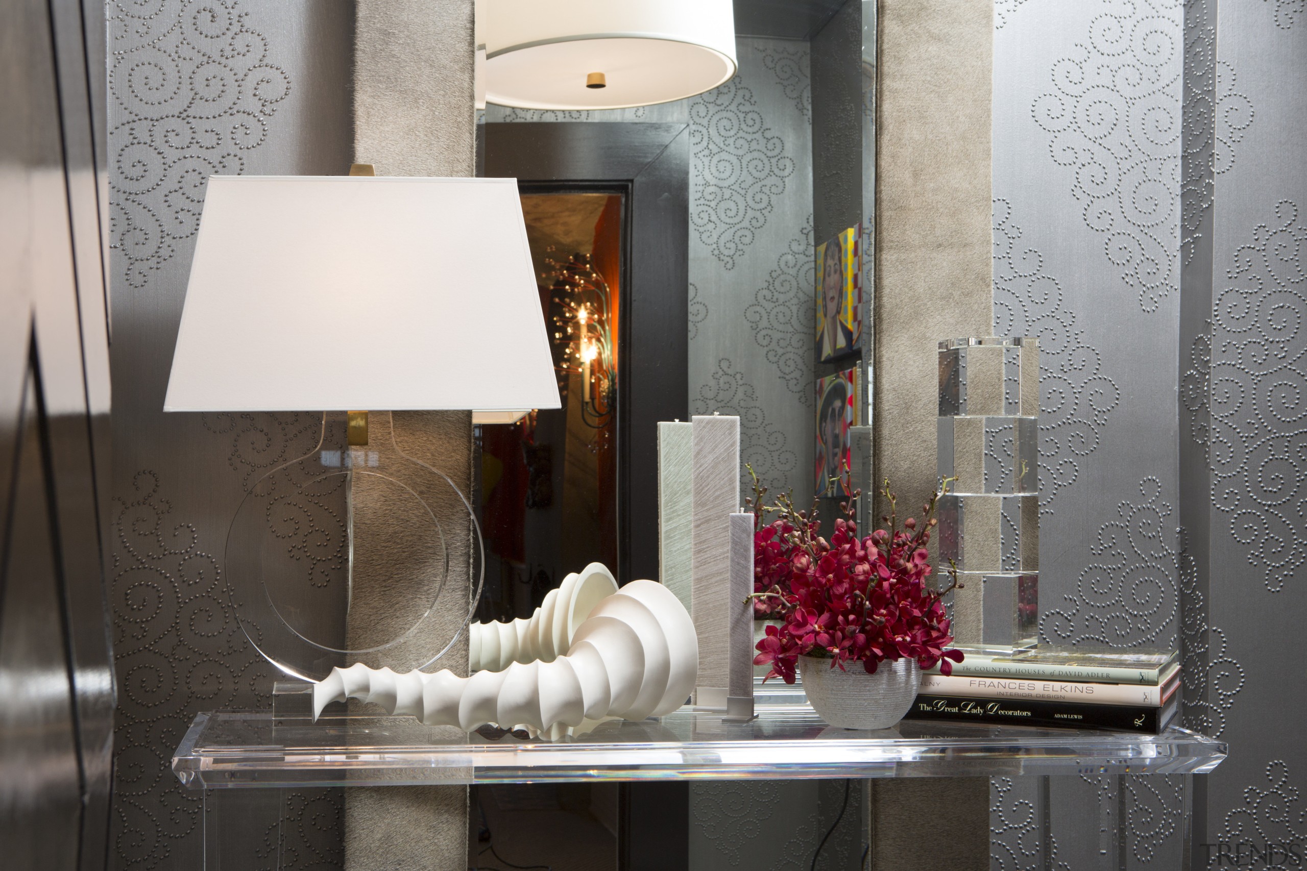 A circular table lamp and white spine sculpture furniture, interior design, lamp, light fixture, lighting, lighting accessory, room, table, gray, black