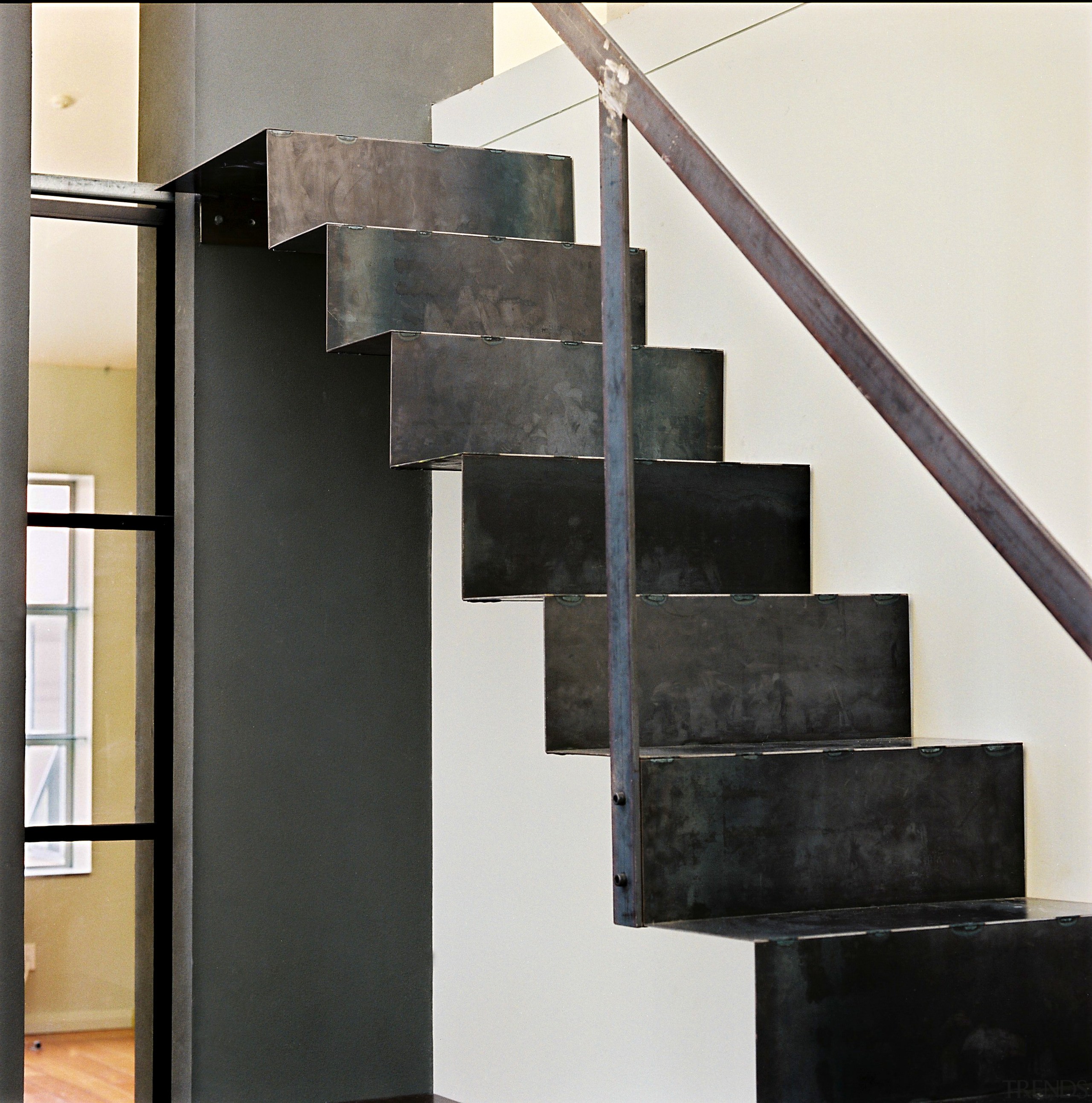 Materials are natural and understated, with clear finishes. product design, stairs, black, white