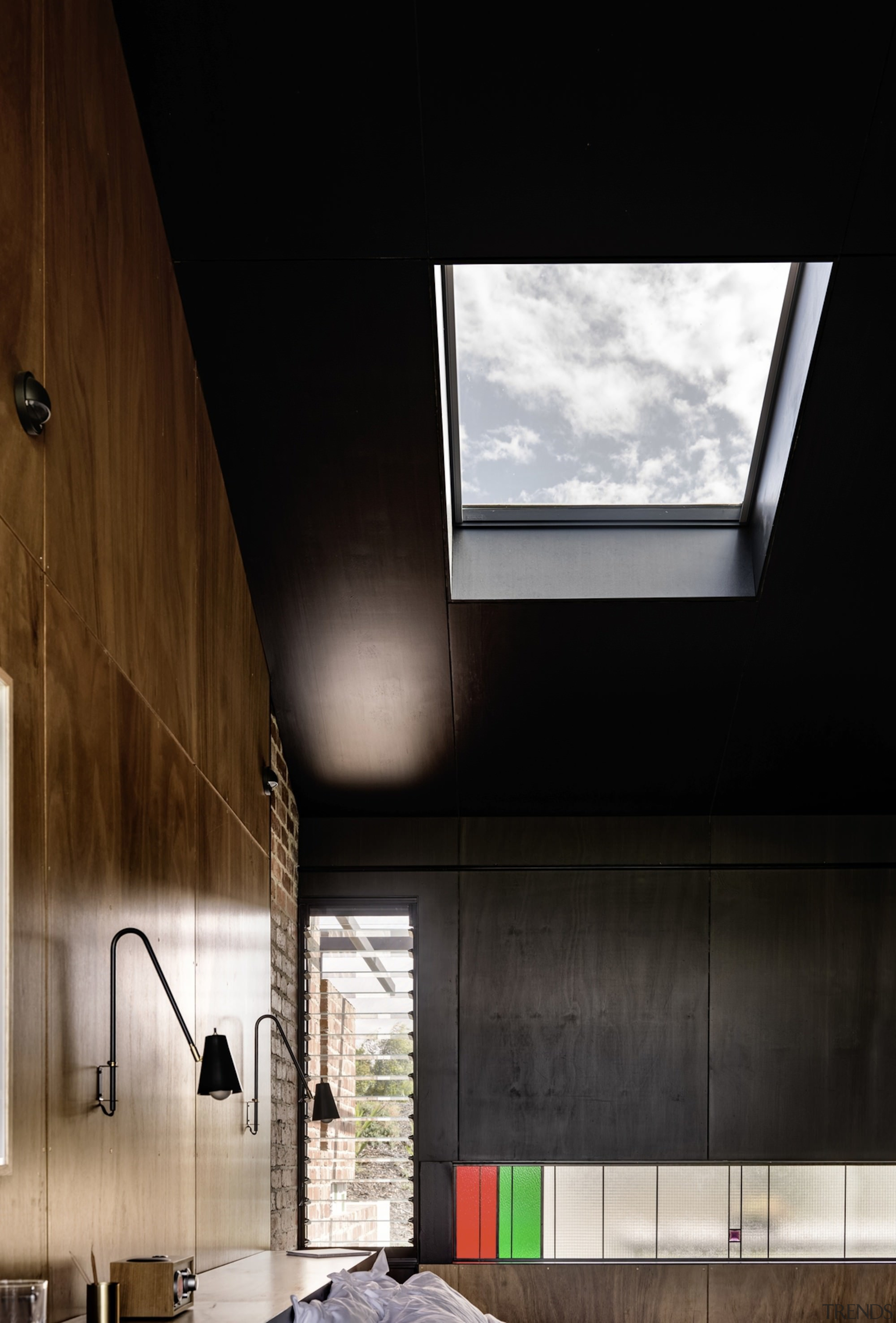 A skylight above the bed is the perfect architecture, ceiling, daylighting, home, house, interior design, window, black