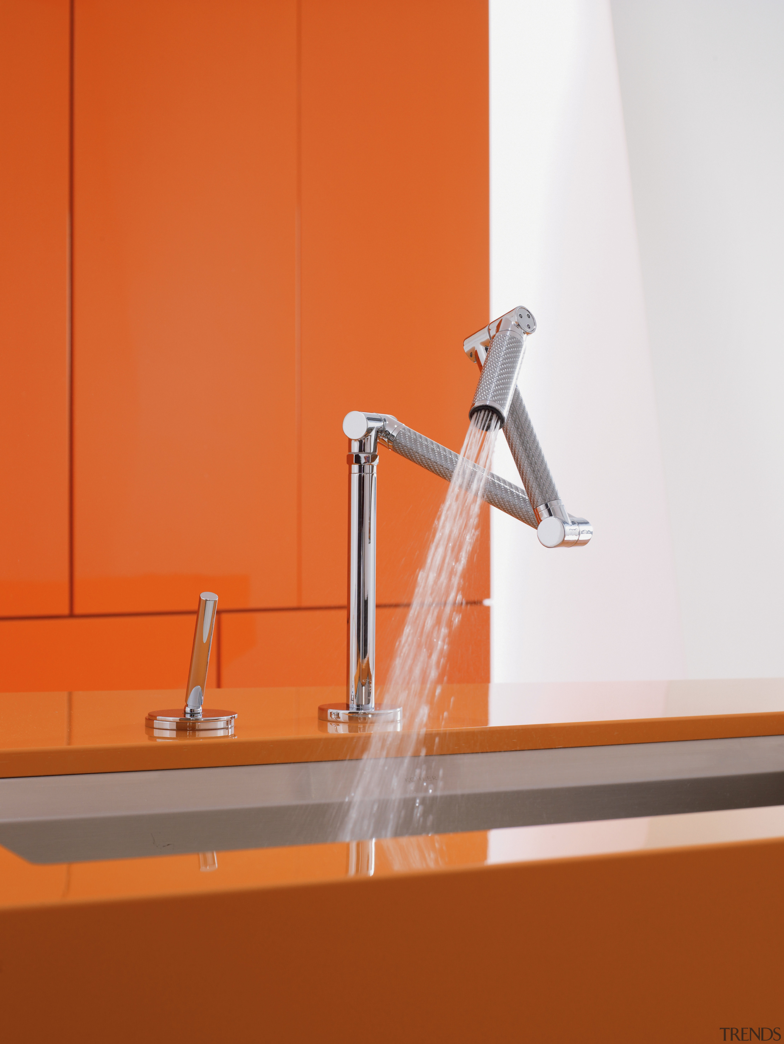 Image of Kohler's new 8 Degree stainless steel angle, floor, flooring, line, orange, plumbing fixture, product design, tap, red, white