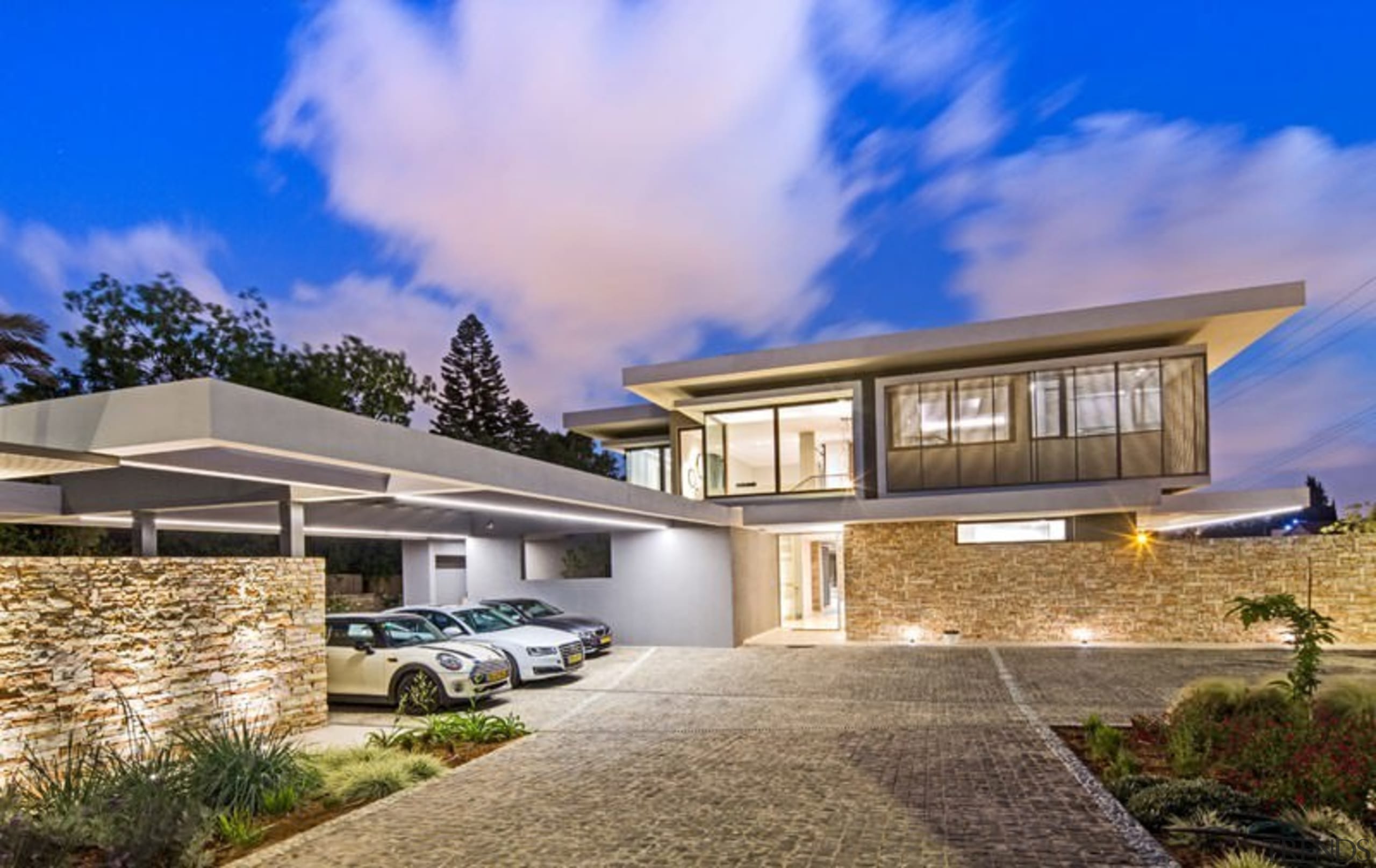 The stone featured in the parking area and architecture, building, elevation, estate, facade, family car, home, house, property, real estate, residential area, roof, sky, villa, blue