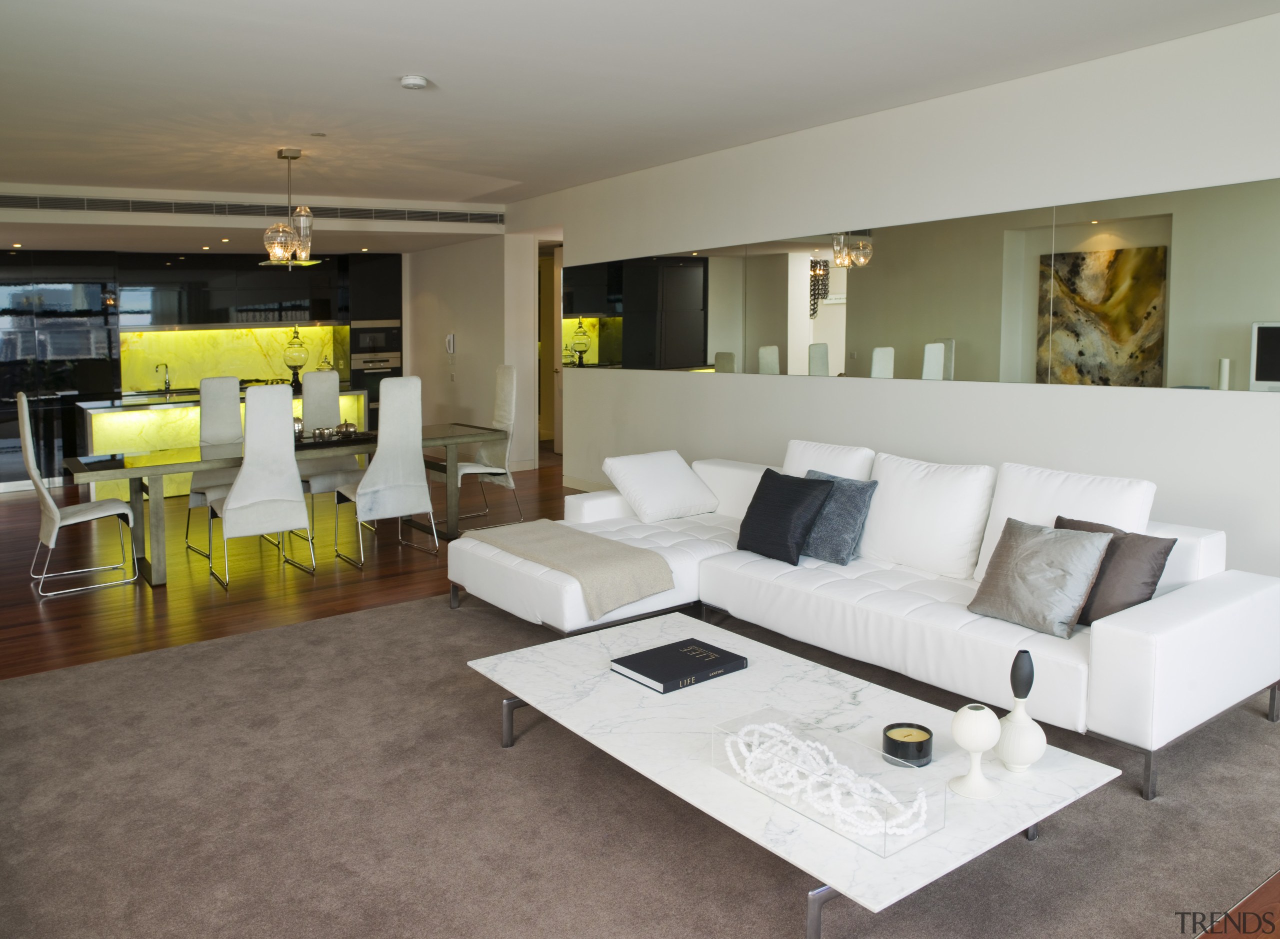 Contemporary apartment lounge dining room - Contemporary apartment ceiling, floor, flooring, furniture, interior design, living room, property, real estate, room, gray, brown